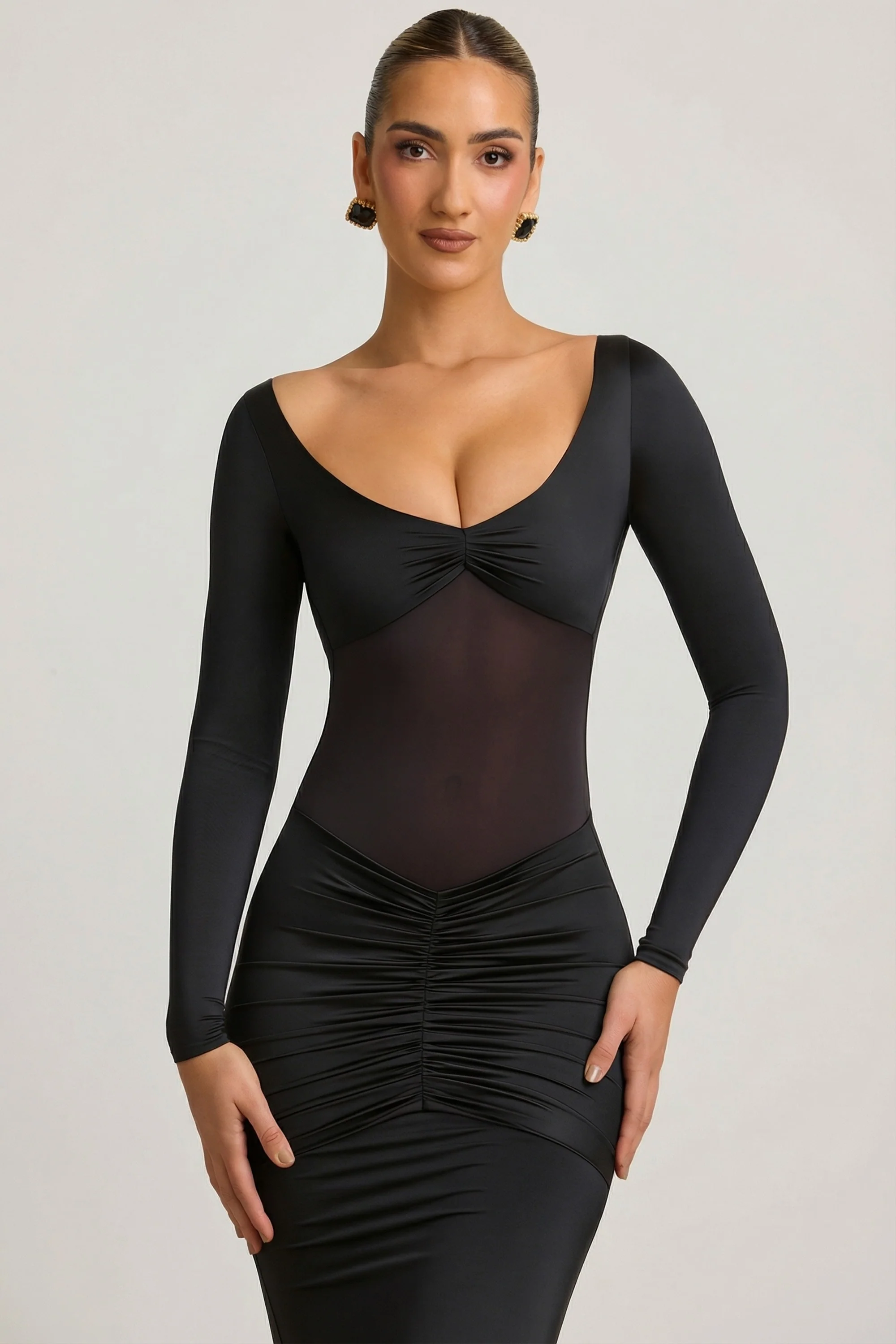 Bow-Detail Ruched Maxi Dress in Black - Image 3