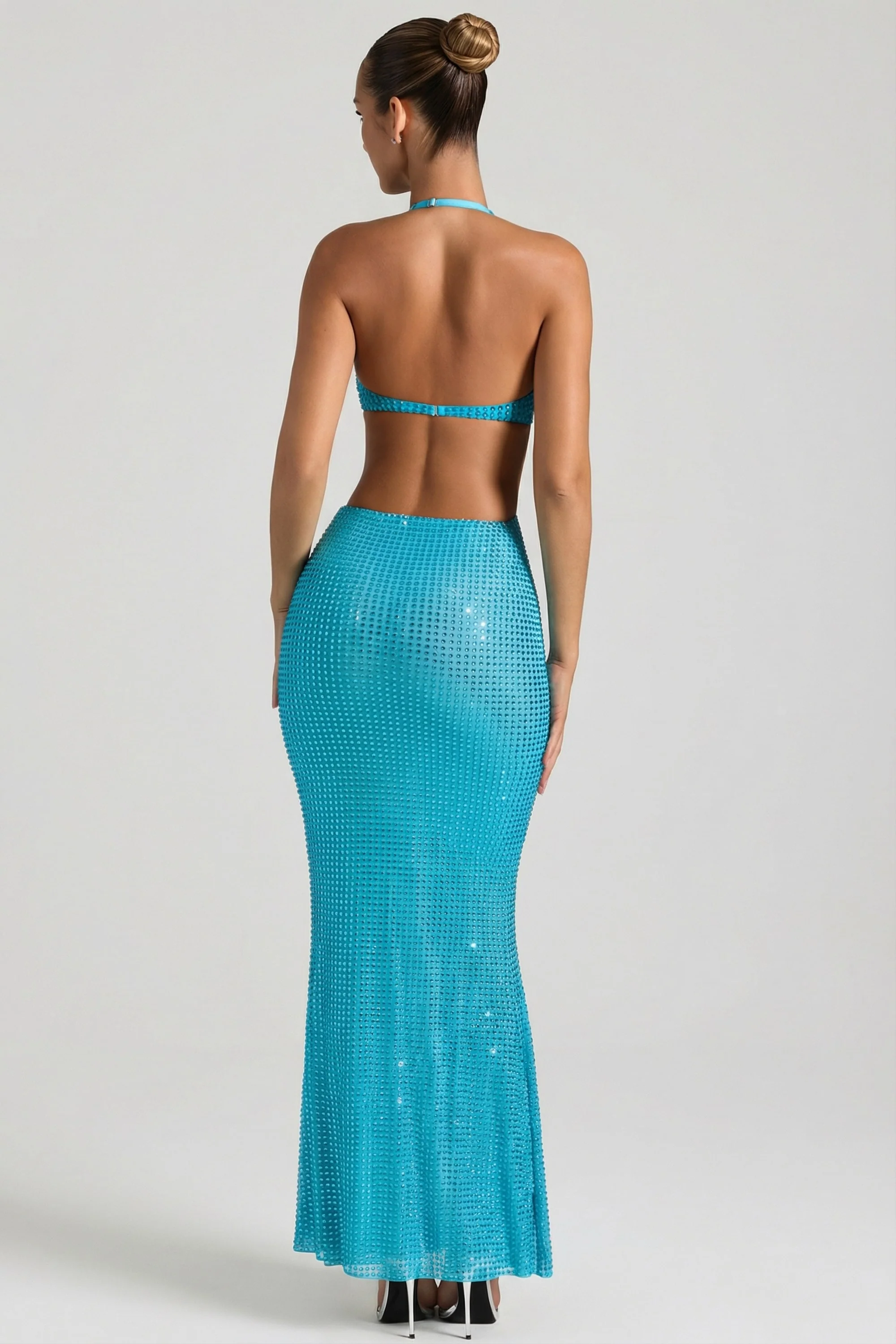 Embellished Cut-Out Halterneck Maxi Dress in Aqua Blue - Image 2