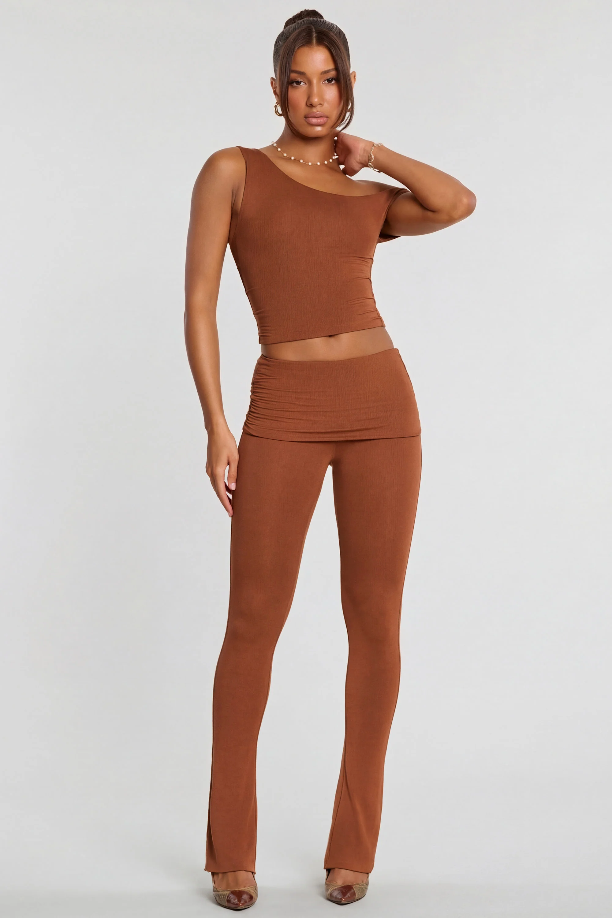 Mid Rise Modal Cashmere Blend Trousers in Chestnut Brown - Image 2