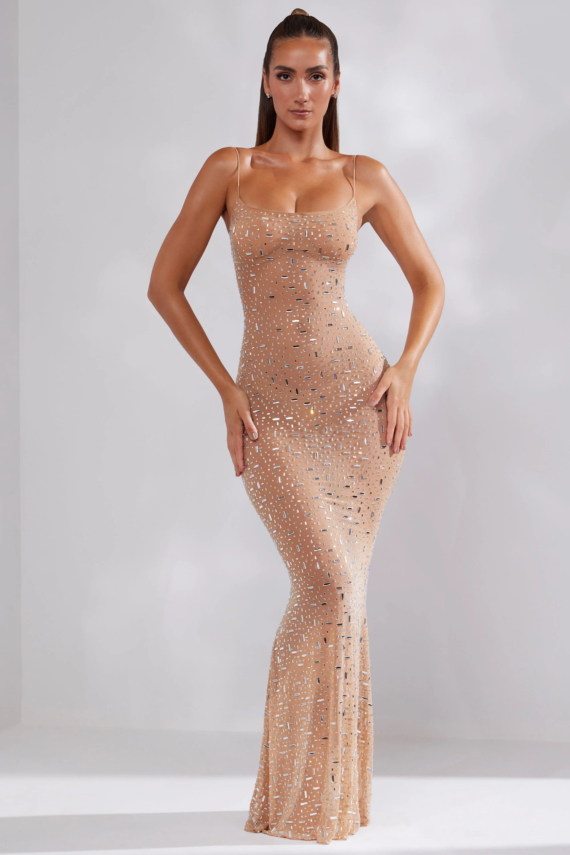 Sheer Embellished Scoop Neck Evening Gown in Honey - Image 6