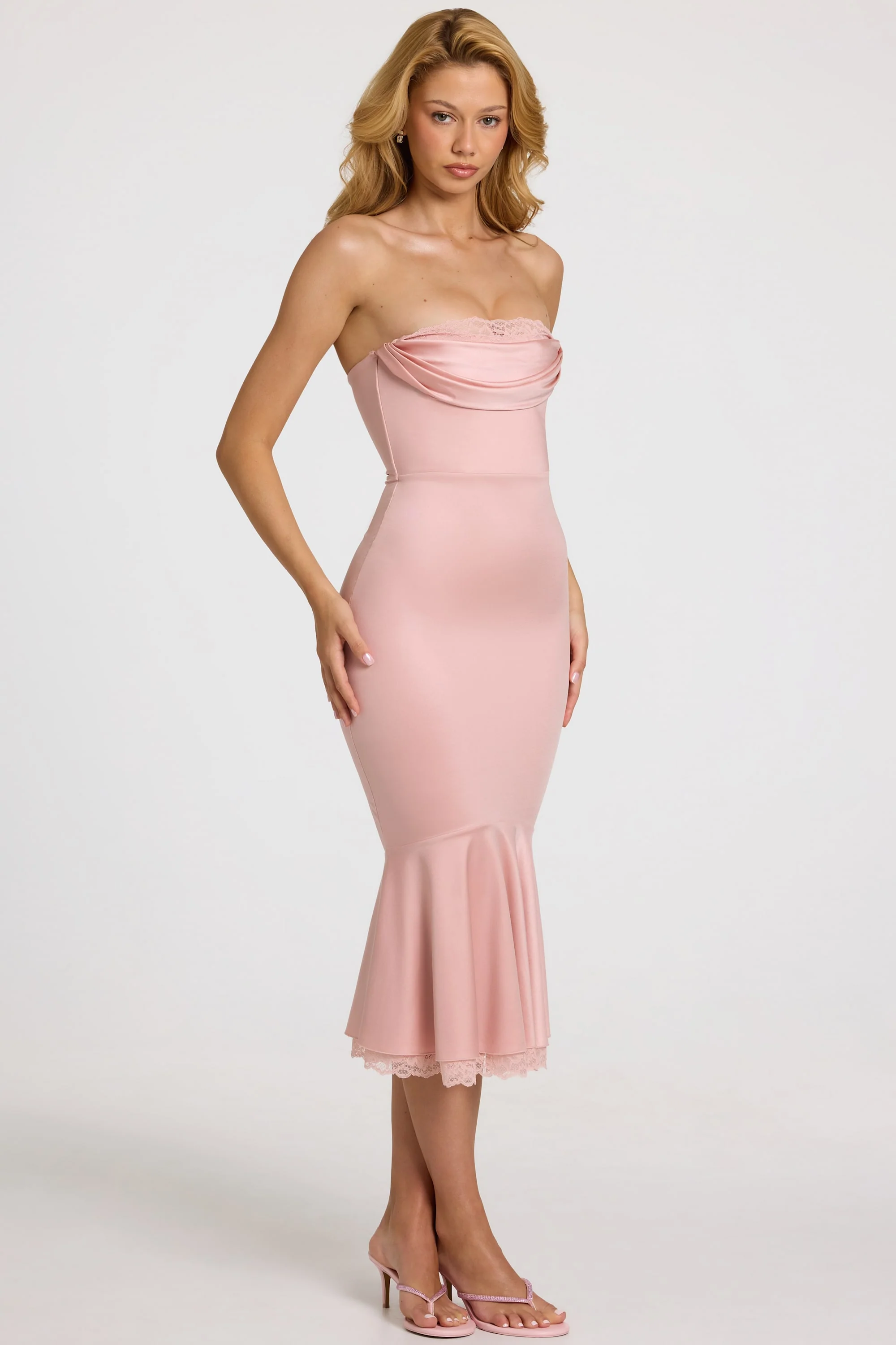Satin Lace-Trim Bandeau Fluted Midaxi Dress in Blush Pink - Image 6