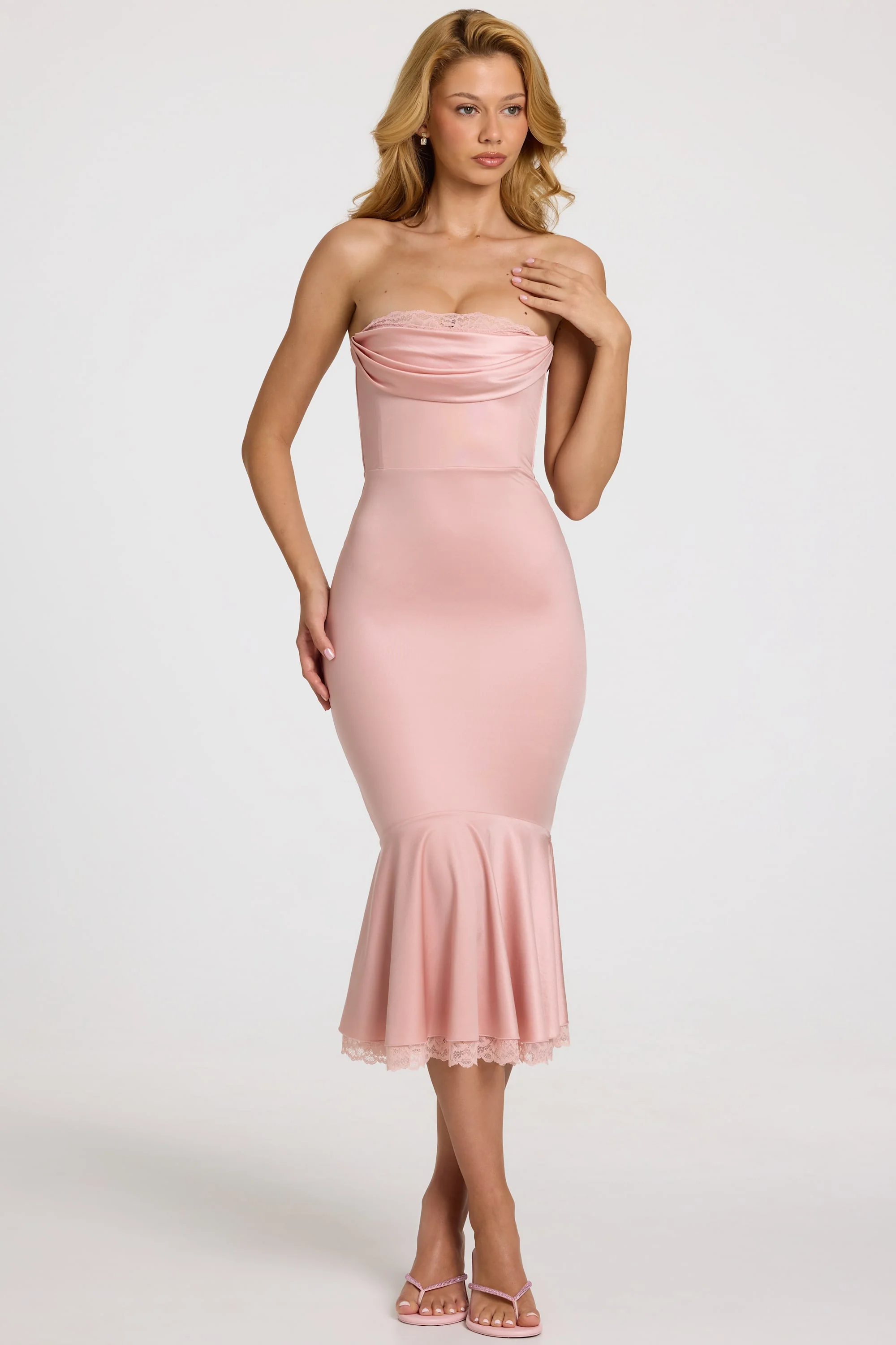 Satin Lace-Trim Bandeau Fluted Midaxi Dress in Blush Pink - Image 7