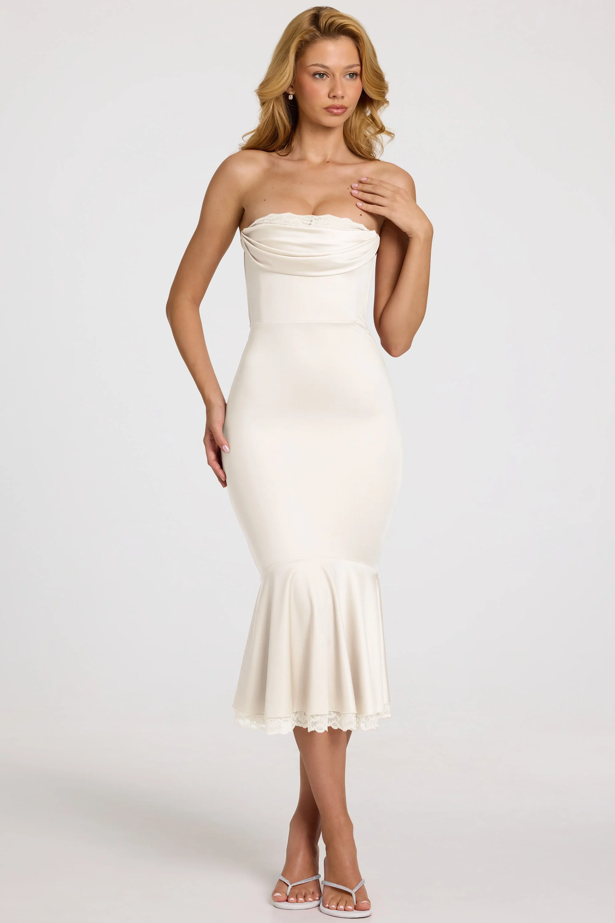 Satin Lace-Trim Bandeau Fluted Midaxi Dress in White - Image 7