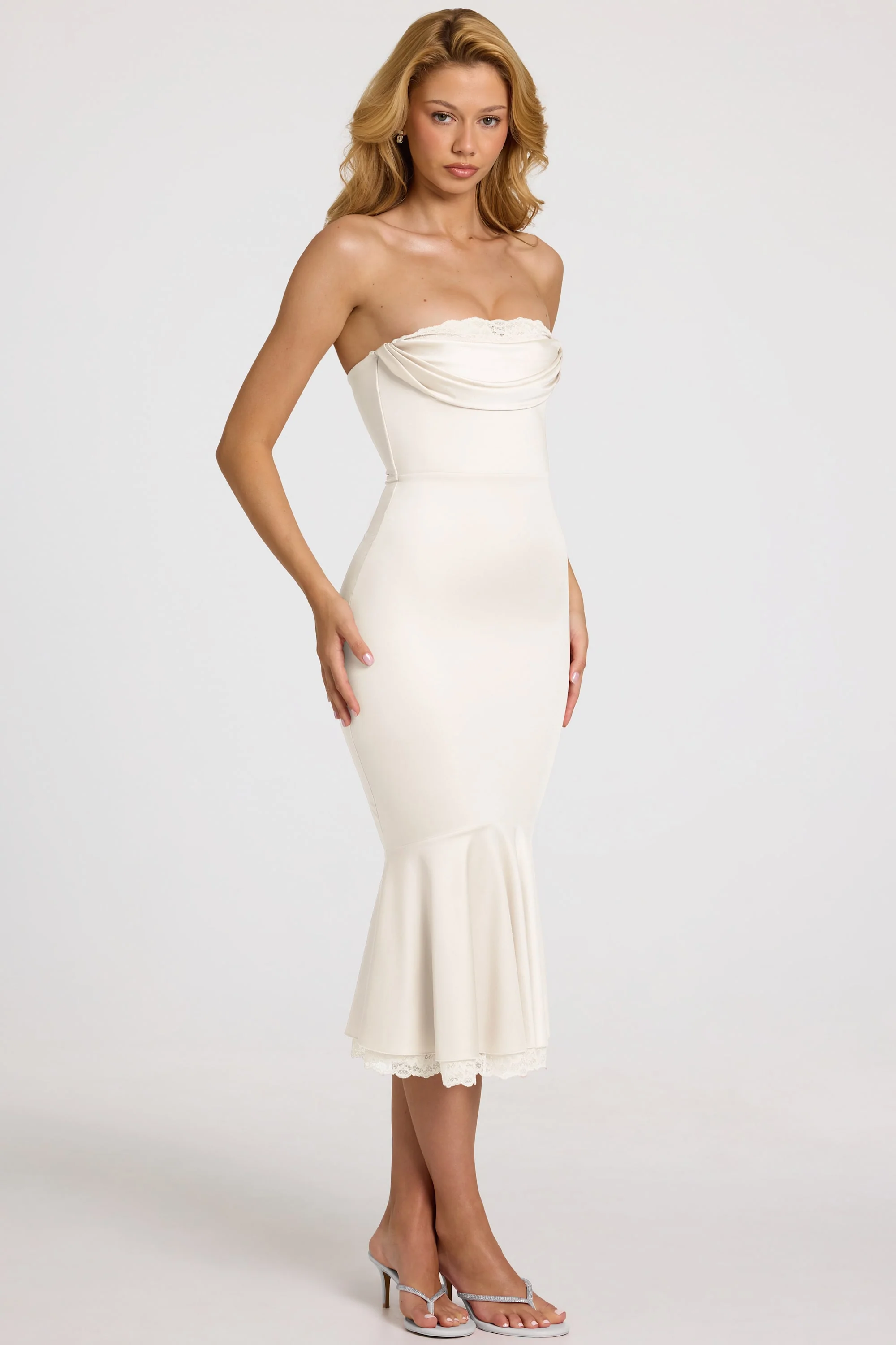 Satin Lace-Trim Bandeau Fluted Midaxi Dress in White - Image 8