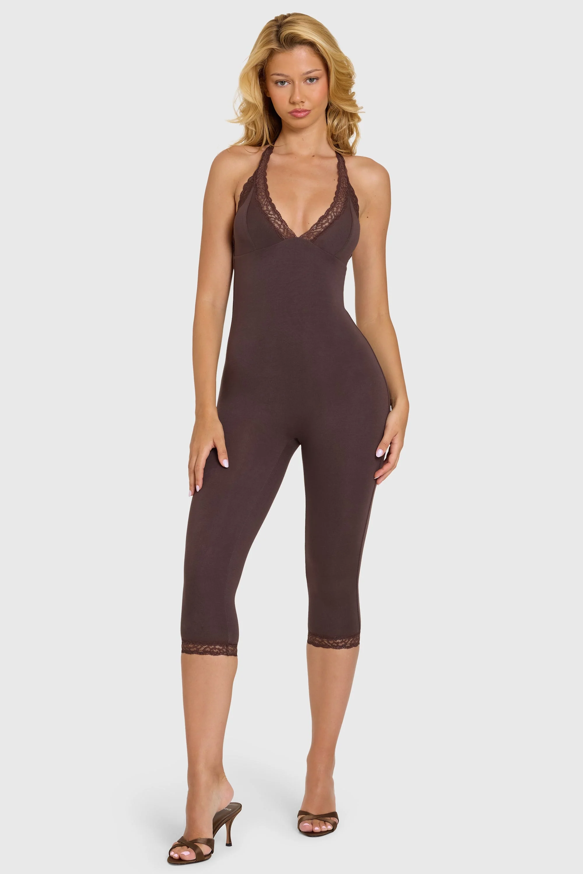 Modal Lace-Trim Capri Jumpsuit in Chocolate