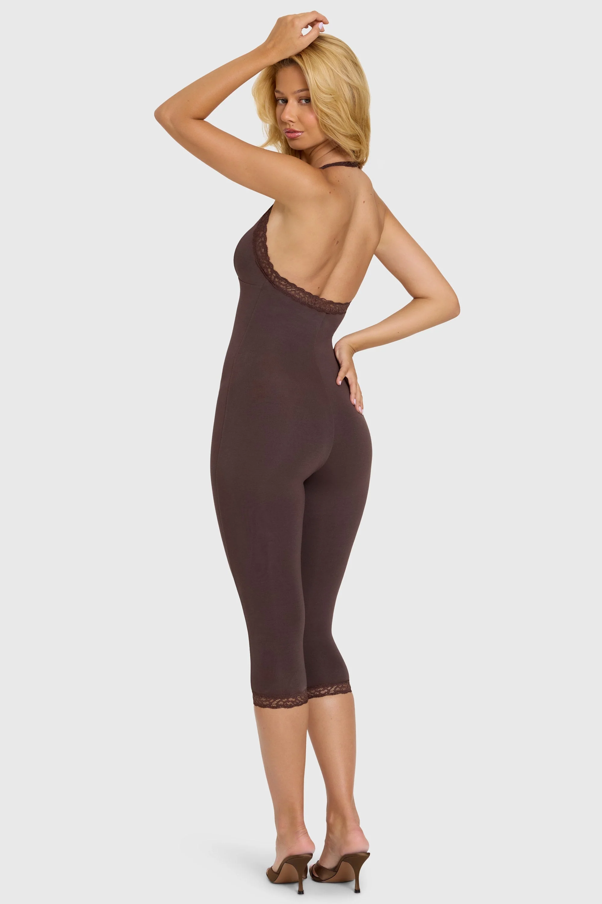 Modal Lace-Trim Capri Jumpsuit in Chocolate - Image 2
