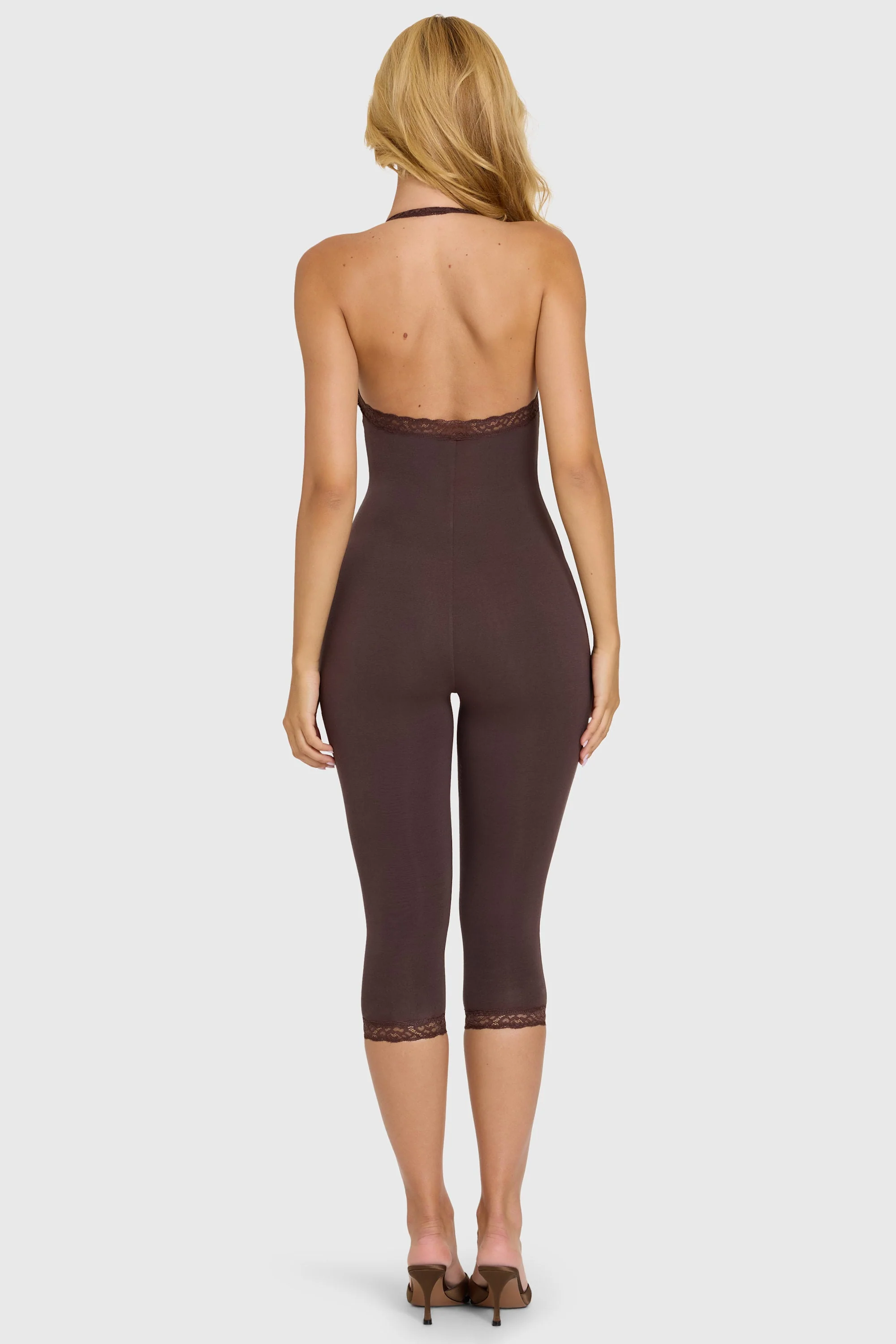 Modal Lace-Trim Capri Jumpsuit in Chocolate - Image 6