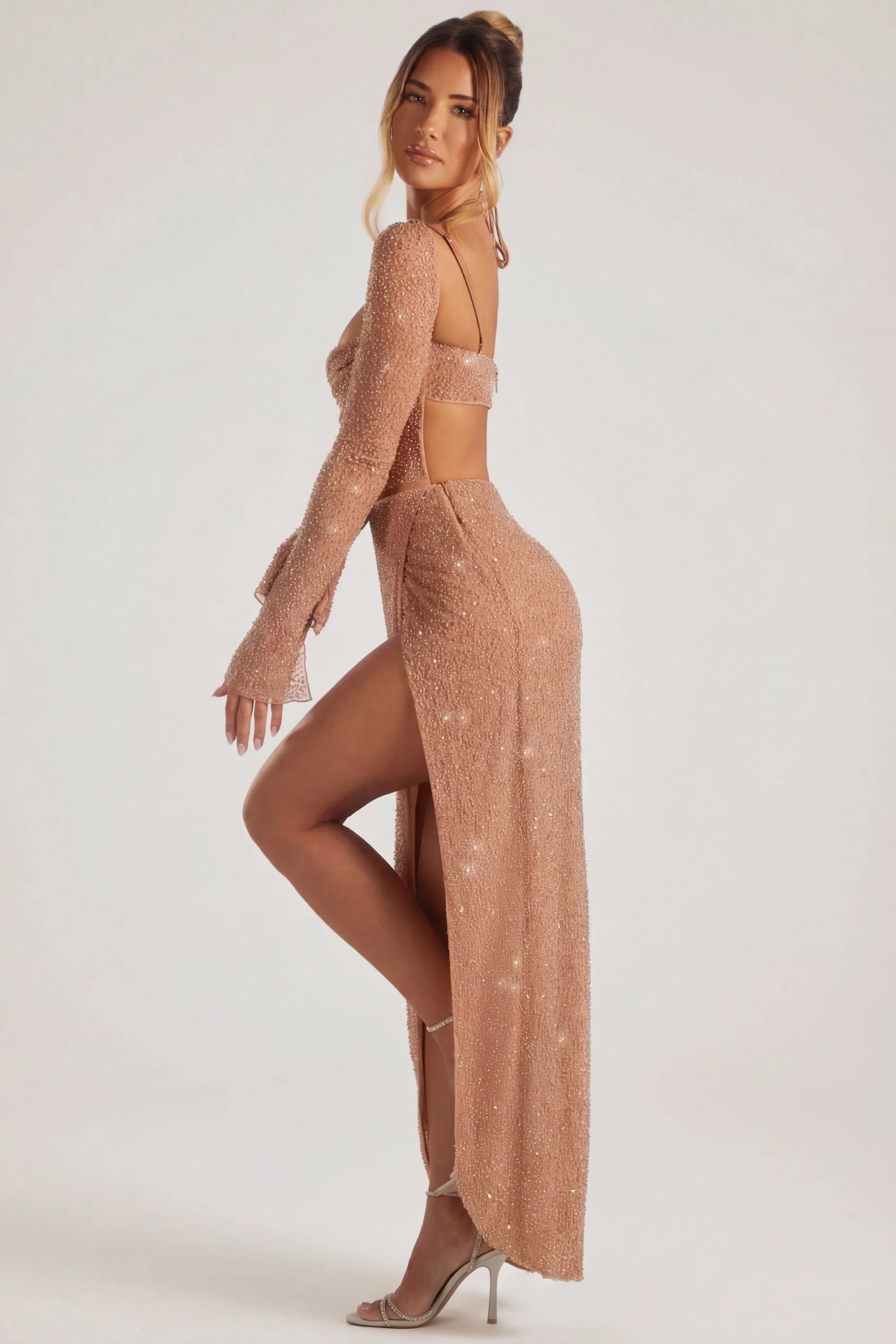 Embellished Cowl Neck Maxi Dress in Latte - Image 3