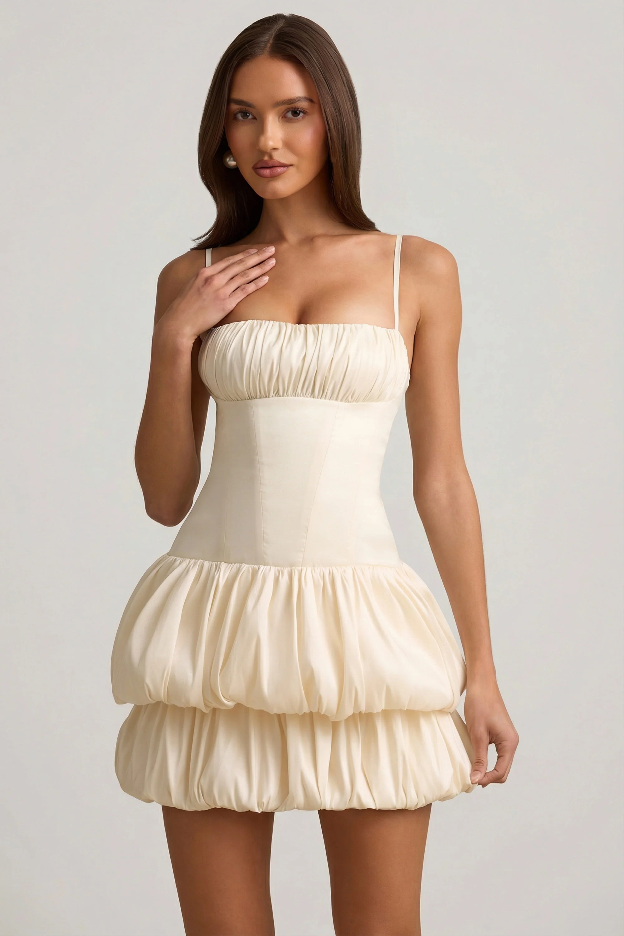 Satin Bubble Hem Corset Mini Dress in Ivory - Image 8