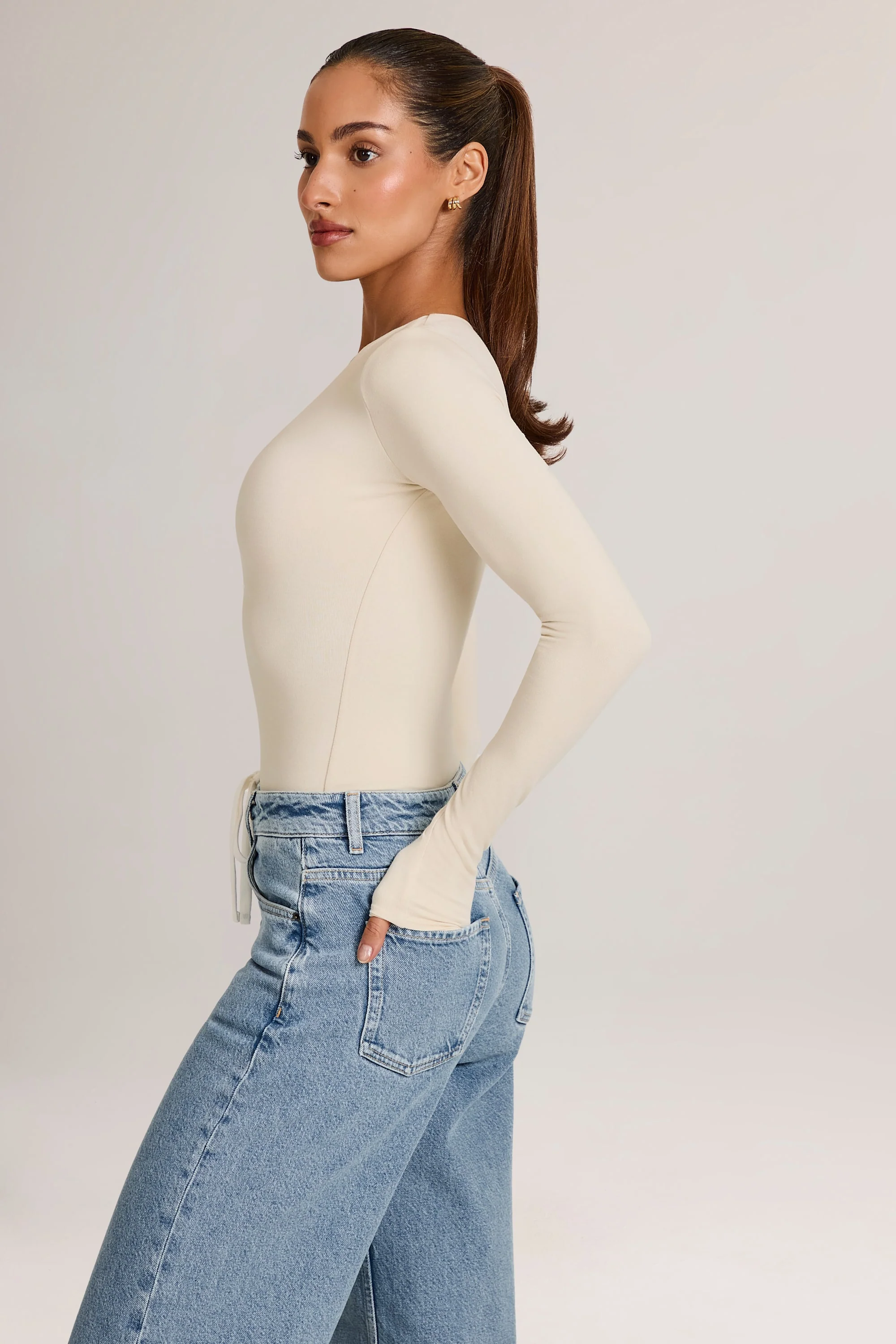 Modal Plunge Long-Sleeve Bodysuit in Ivory - Image 3
