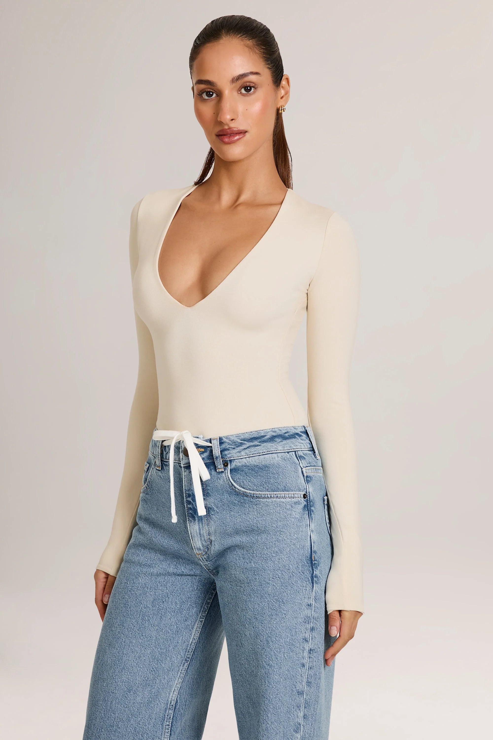 Modal Plunge Long-Sleeve Bodysuit in Ivory - Image 4