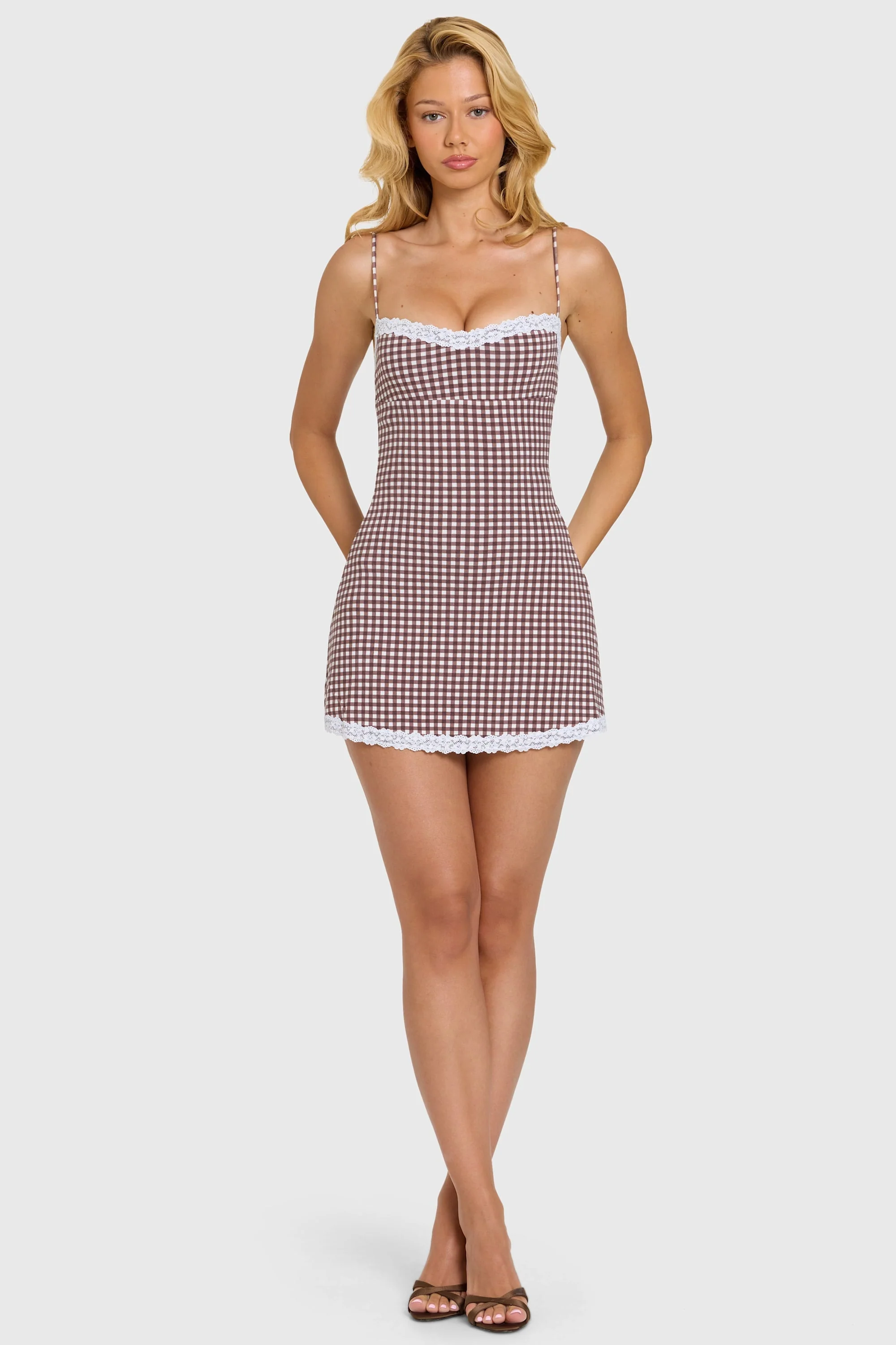 Modal Lace-Trim Mini Dress in Brown Gingham - Image 5