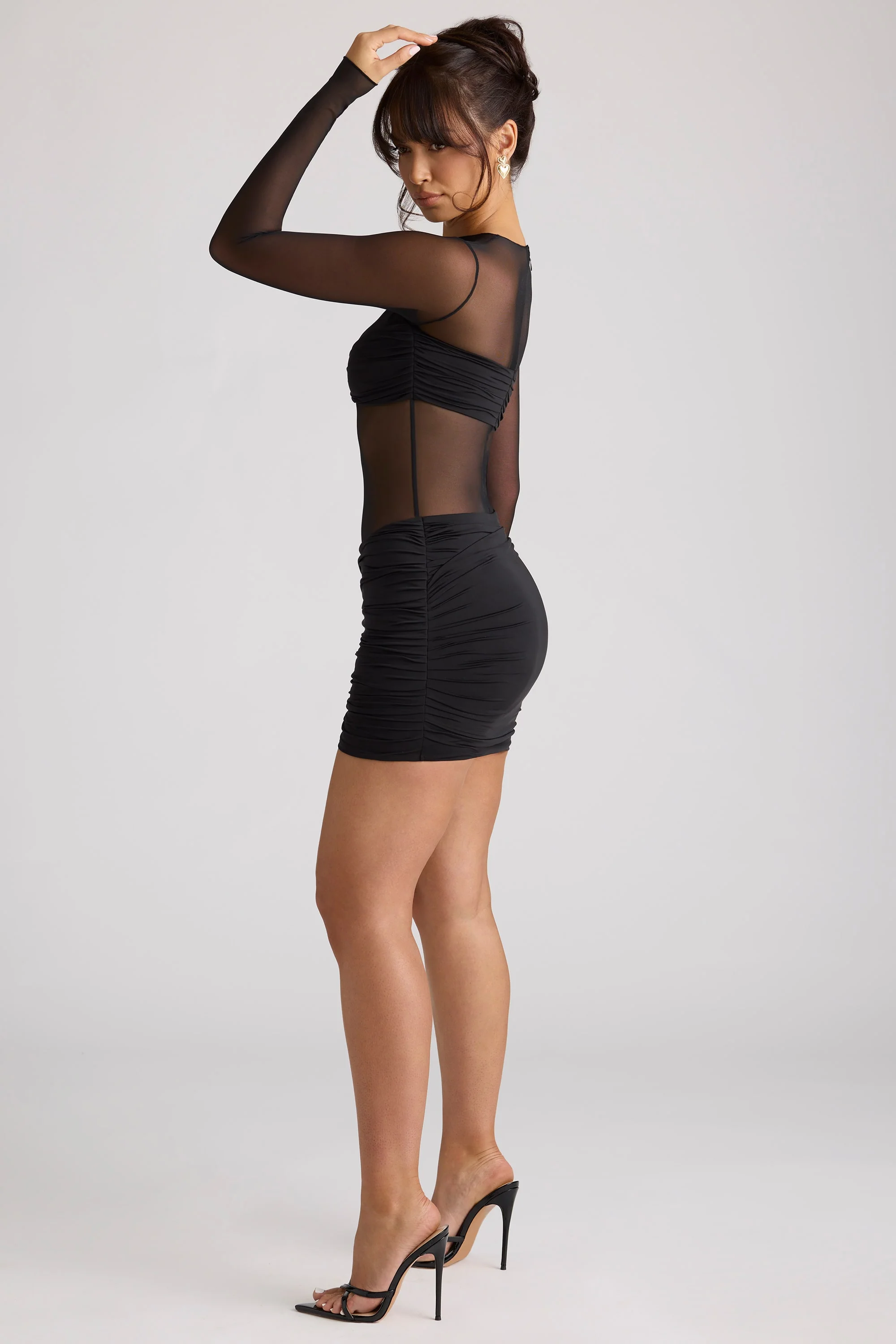 Sheer Panelled Long Sleeve Mini Dress in Black - Image 3
