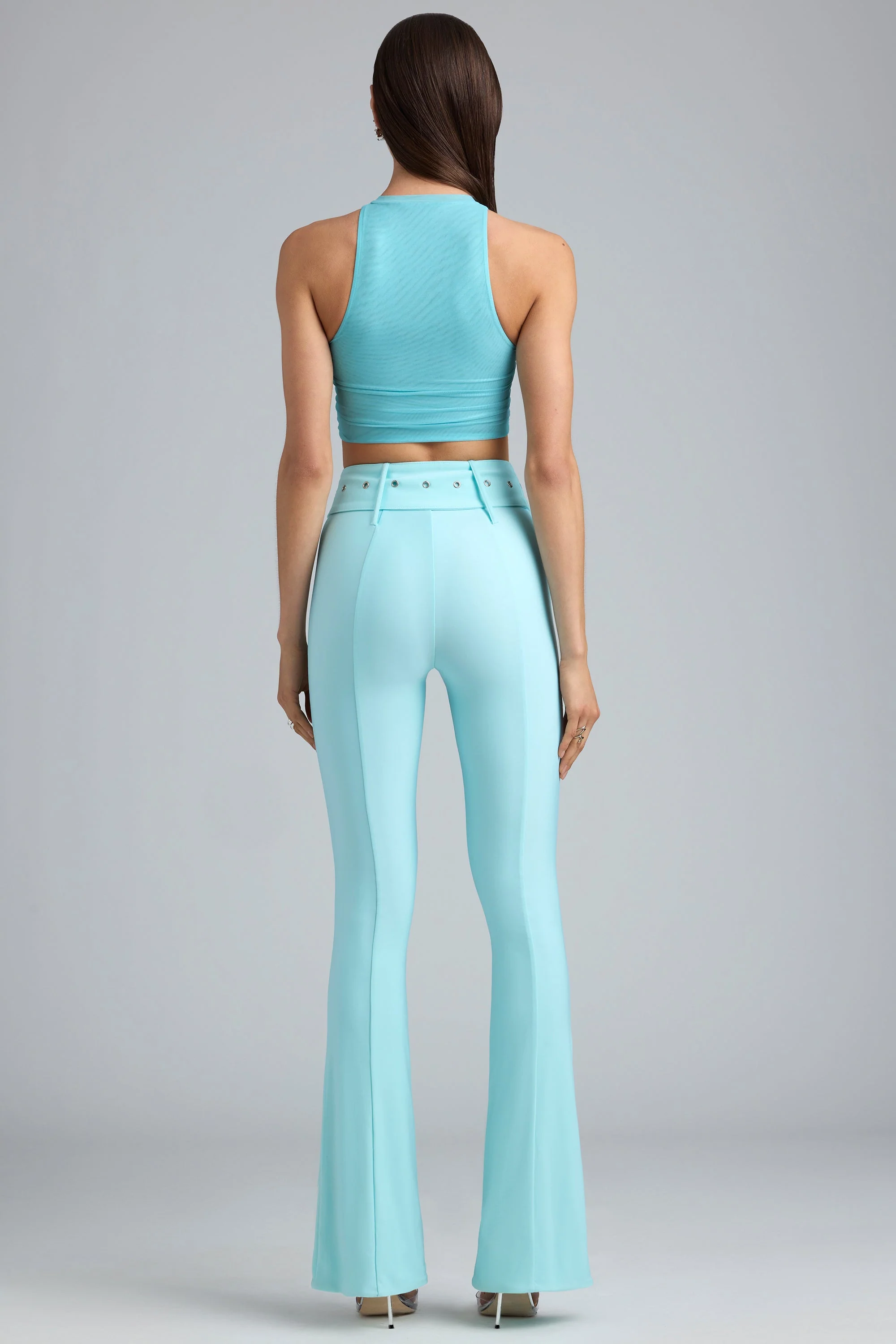 Metallic Belted Mid-Rise Flared Trousers in Ice Blue - Image 2