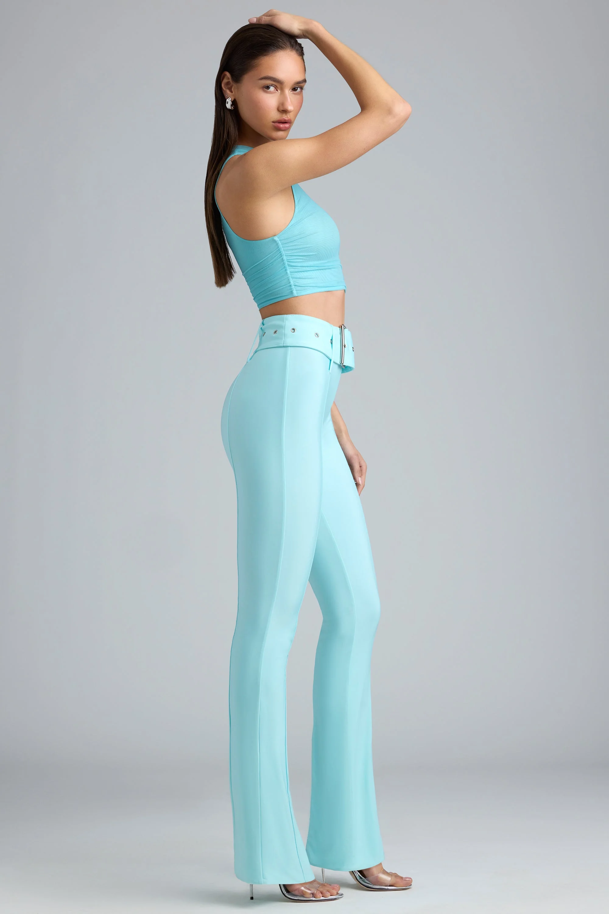 Metallic Belted Mid-Rise Flared Trousers in Ice Blue - Image 3