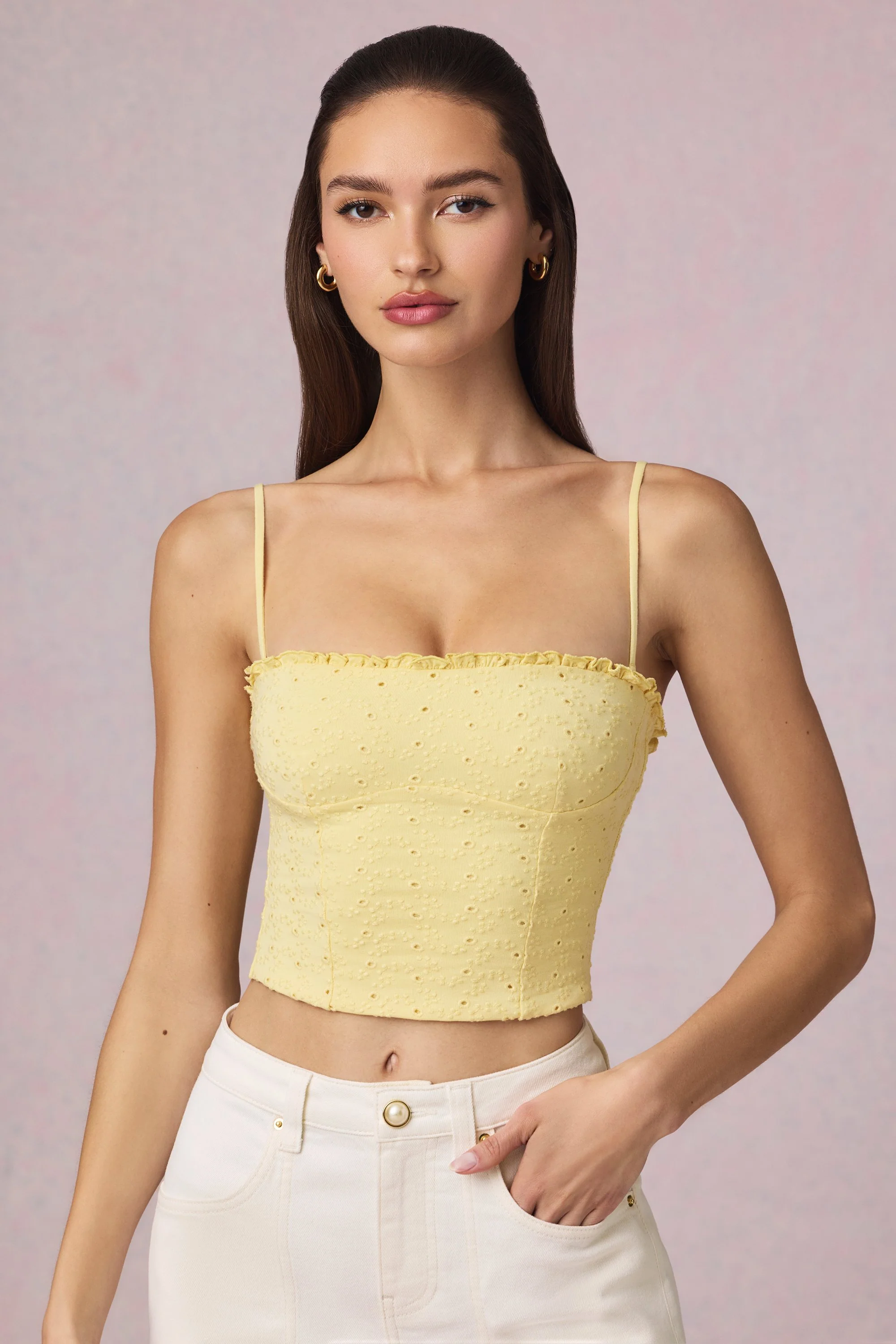 Modal Broderie Anglaise Camisole Top in Lemon Yellow - Image 19