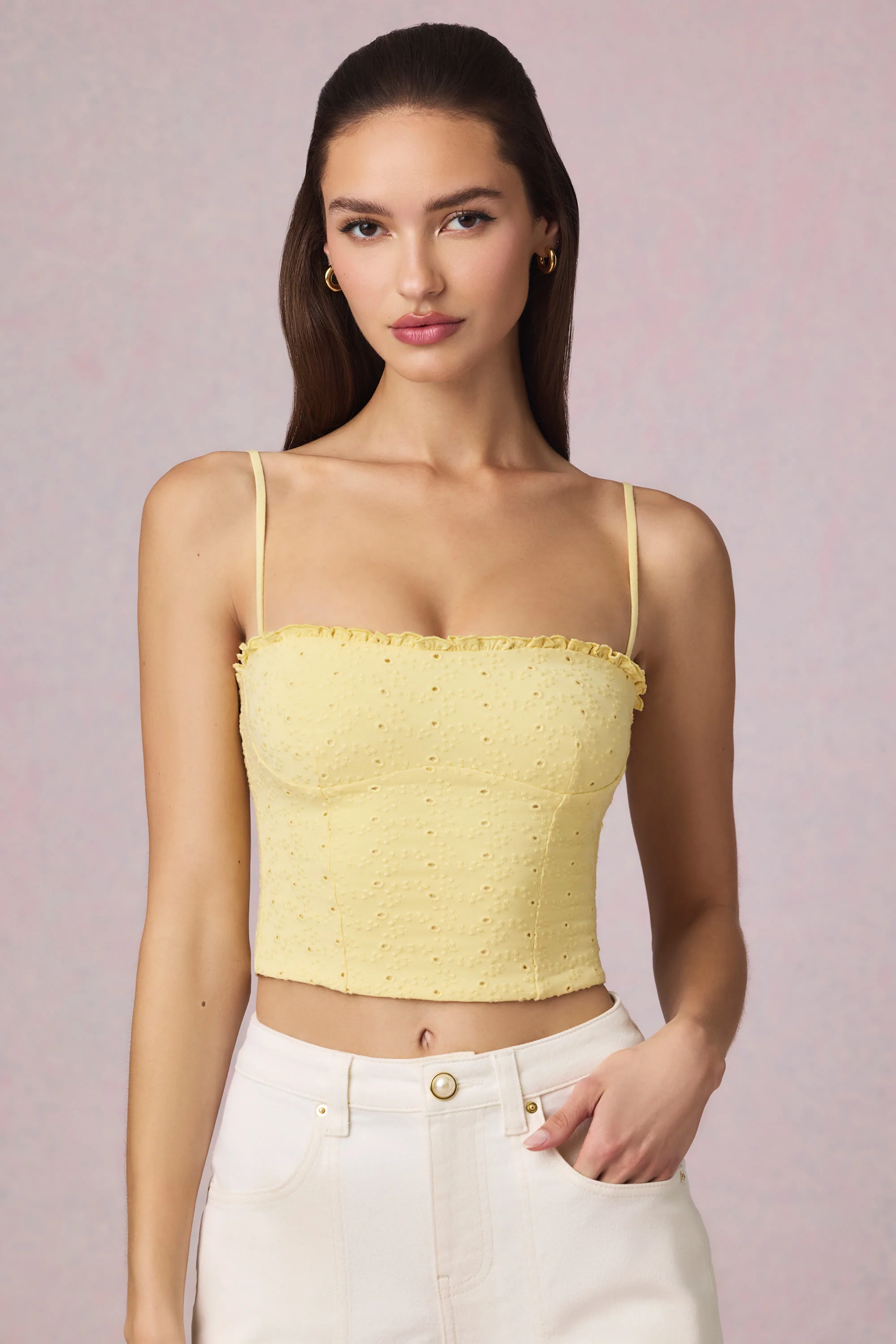 Modal Broderie Anglaise Camisole Top in Lemon Yellow - Image 21