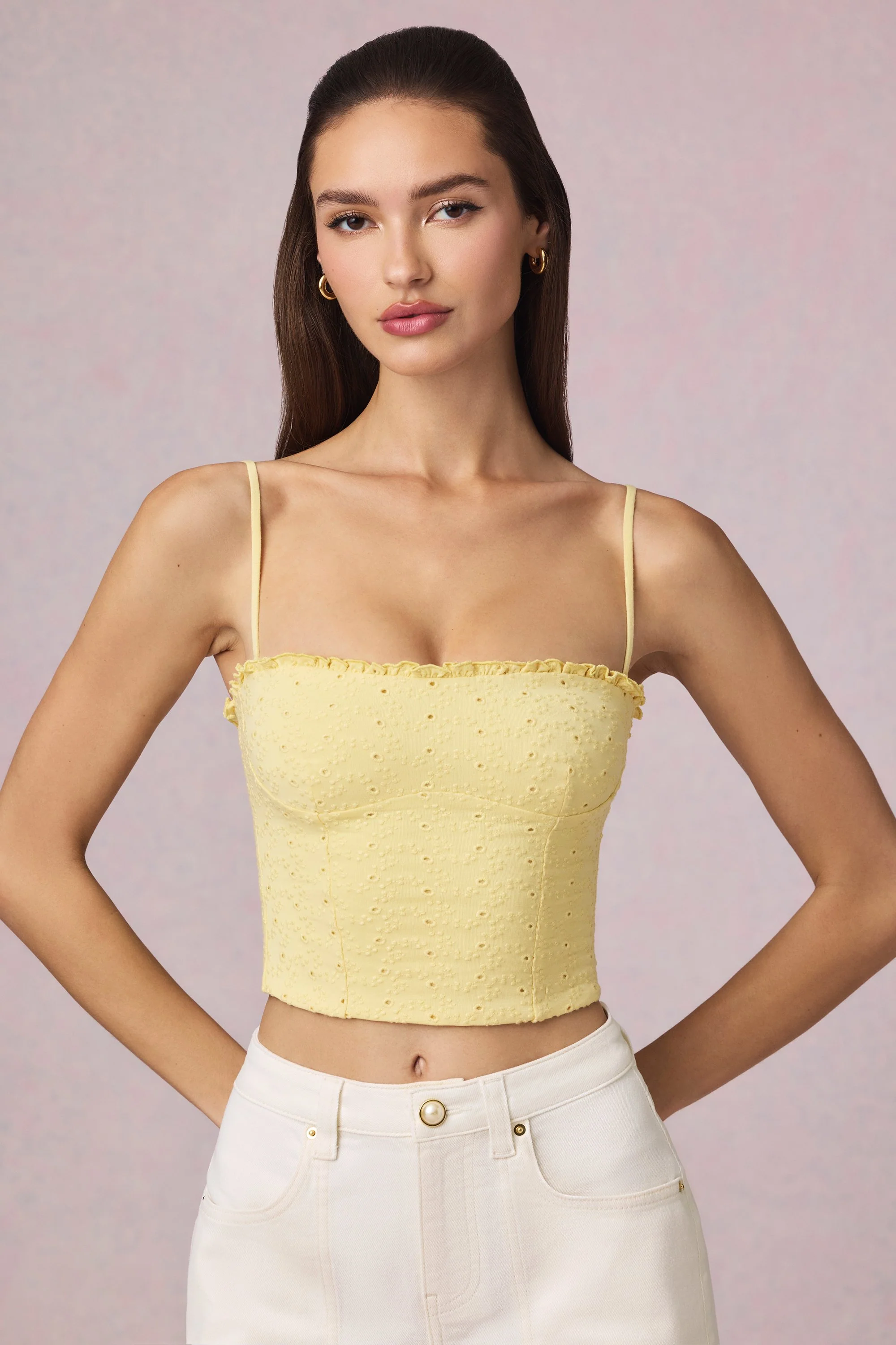 Modal Broderie Anglaise Camisole Top in Lemon Yellow - Image 22