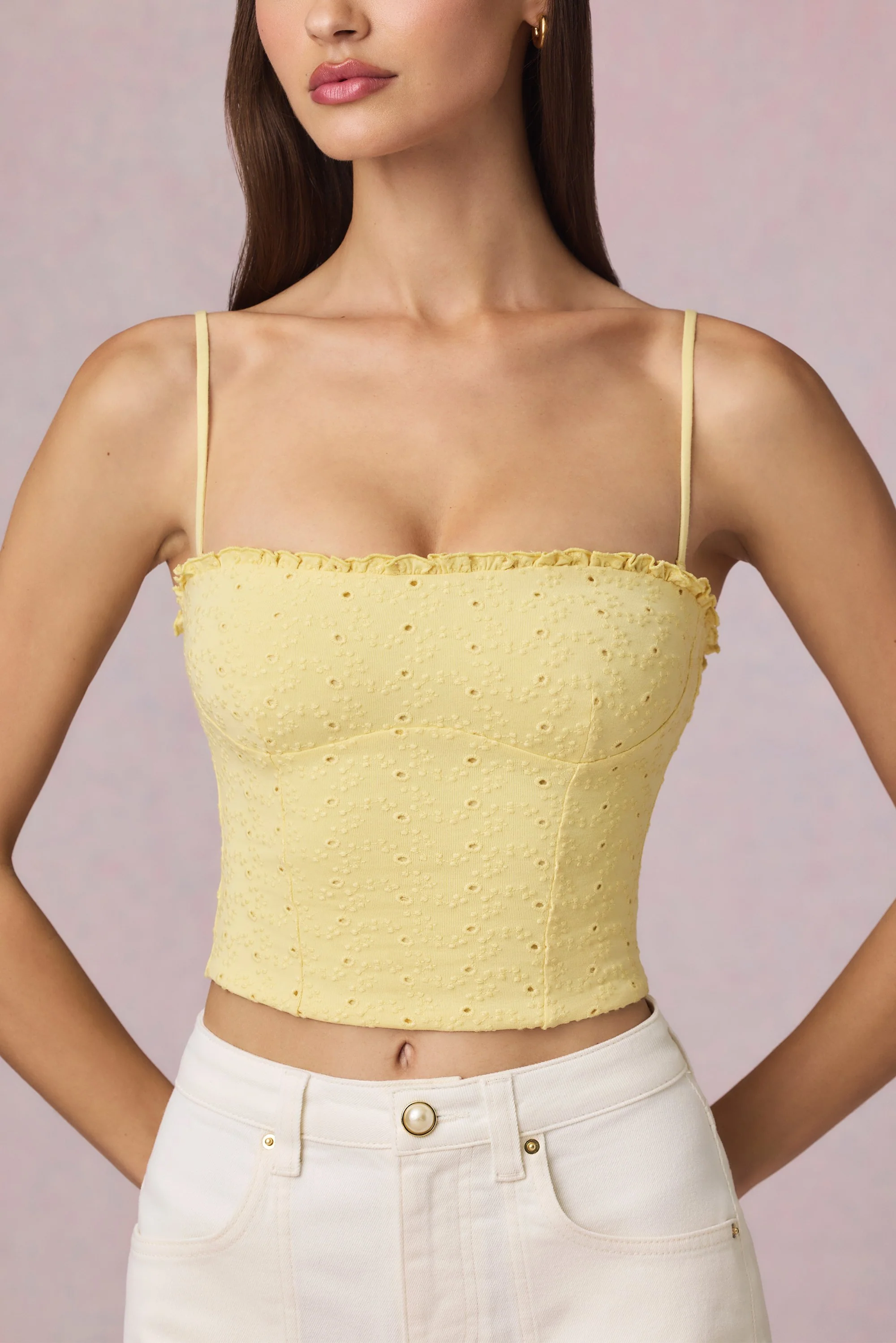 Modal Broderie Anglaise Camisole Top in Lemon Yellow - Image 5