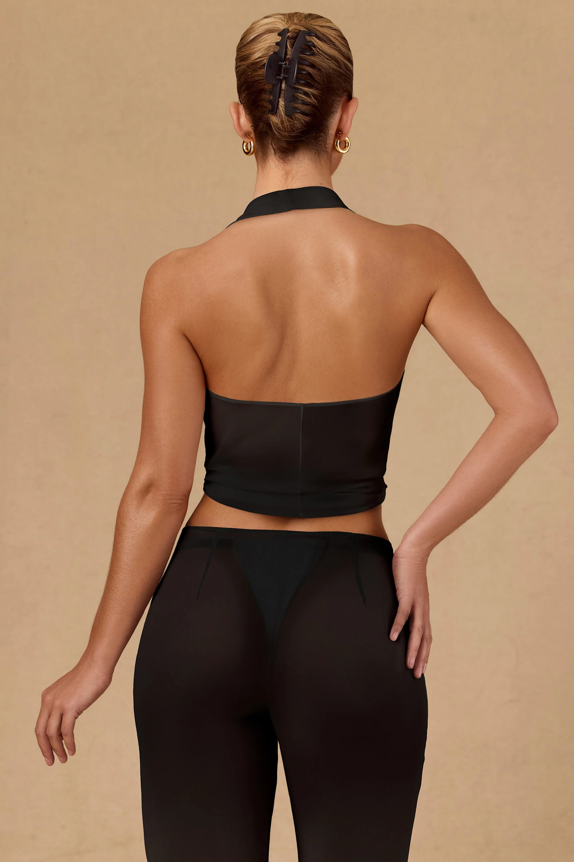 Tie-Front Halterneck Crop Top in Black - Image 2