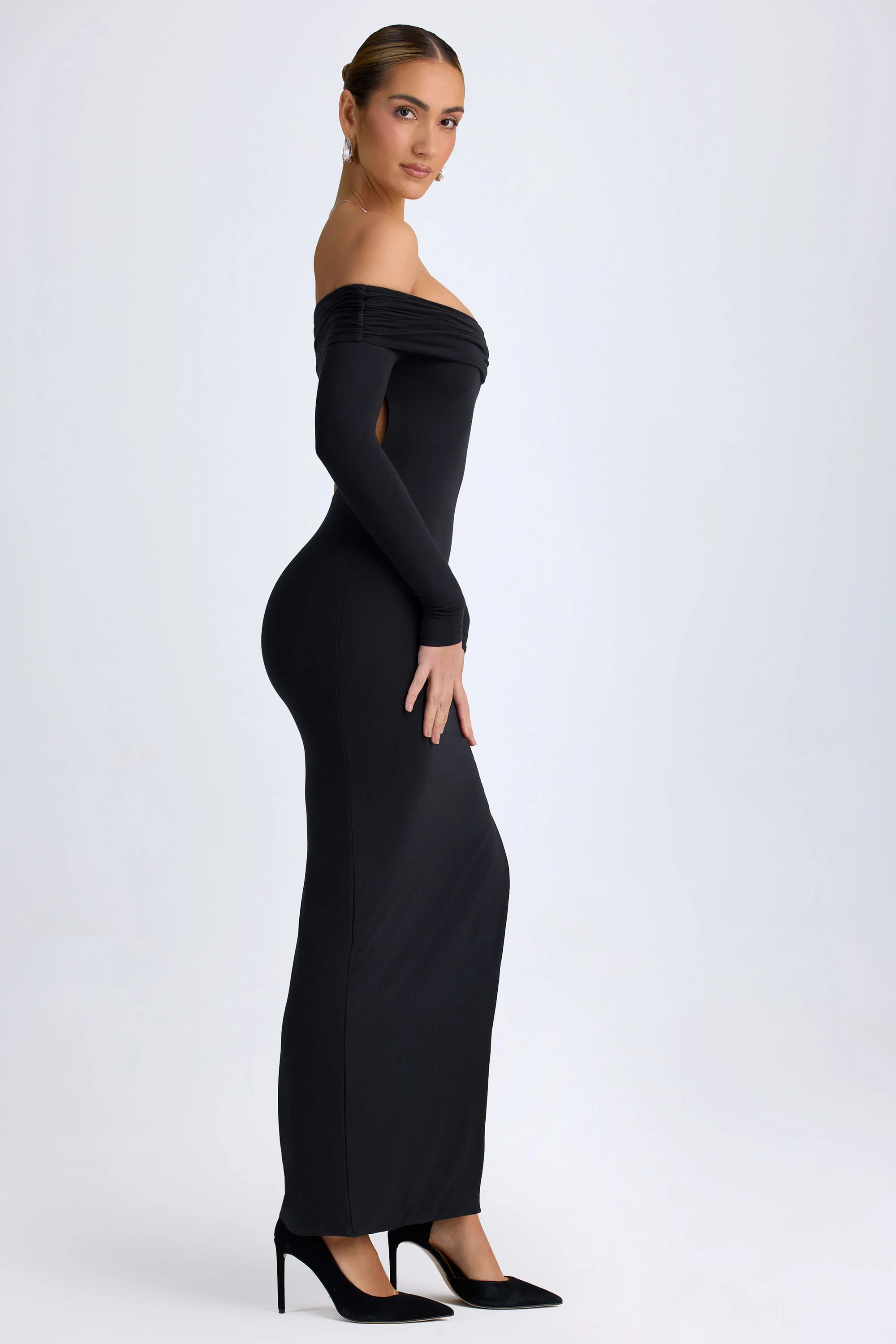 Modal Off-Shoulder Open-Back Maxi Dress in Black - Image 3