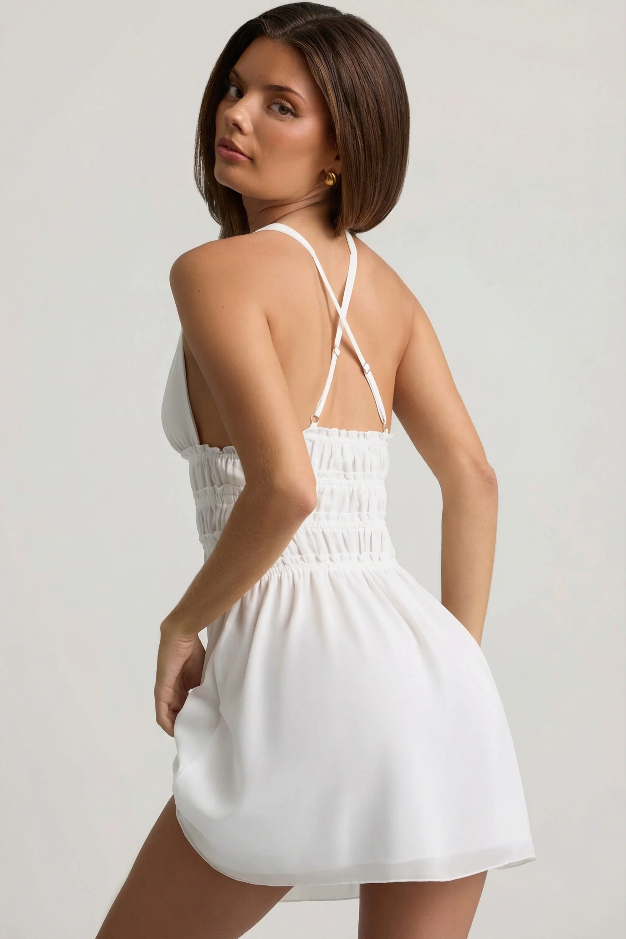 Plunge Cross-Back Mini Dress in White - Image 2
