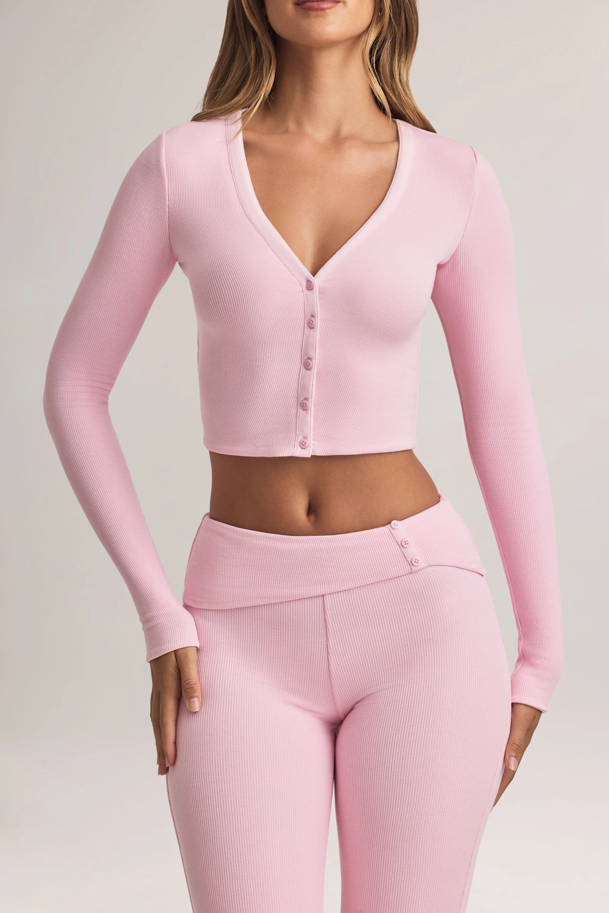 Modal Ribbed Cropped Cardigan in Pastel Pink - Image 4