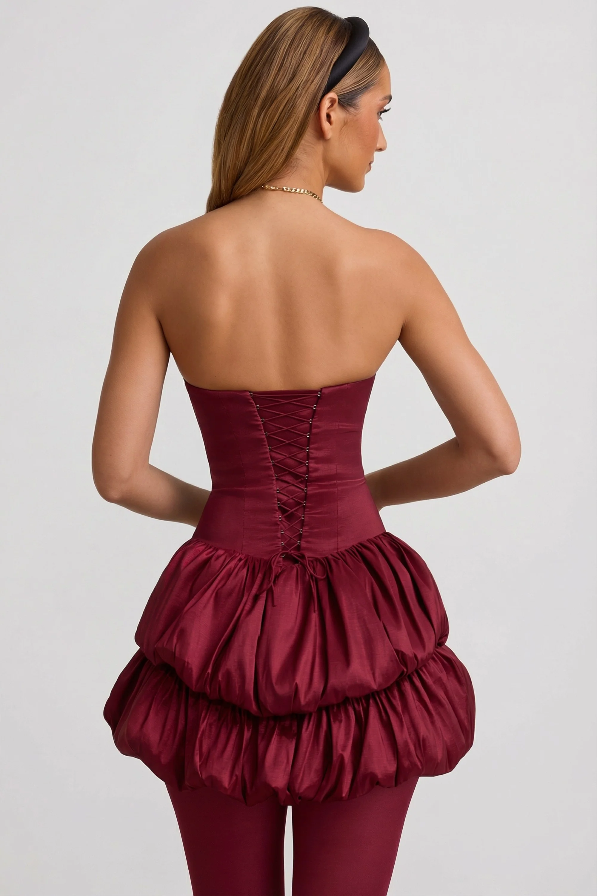 Satin Bubble Hem Corset Mini Dress in Wine Red - Image 2