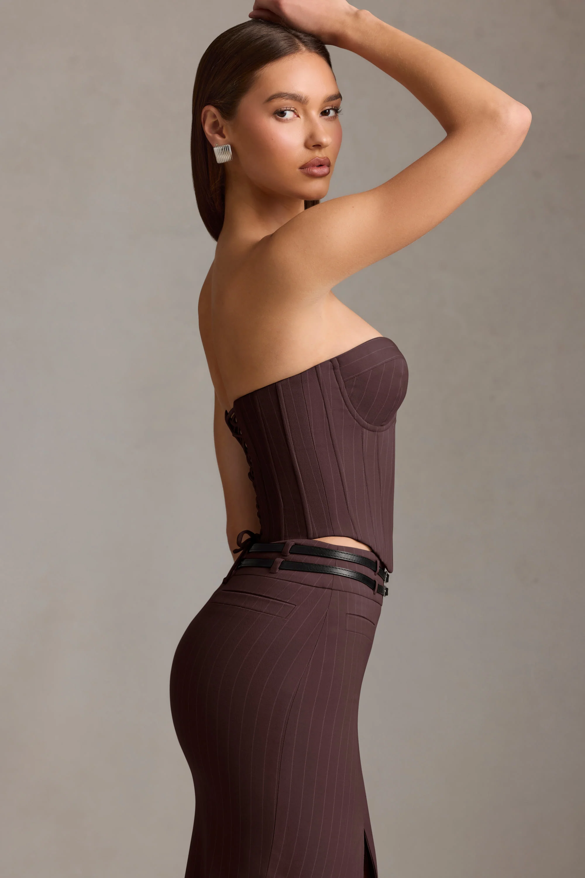 Pinstripe Lace-Up Corset Top in Chocolate Brown - Image 3