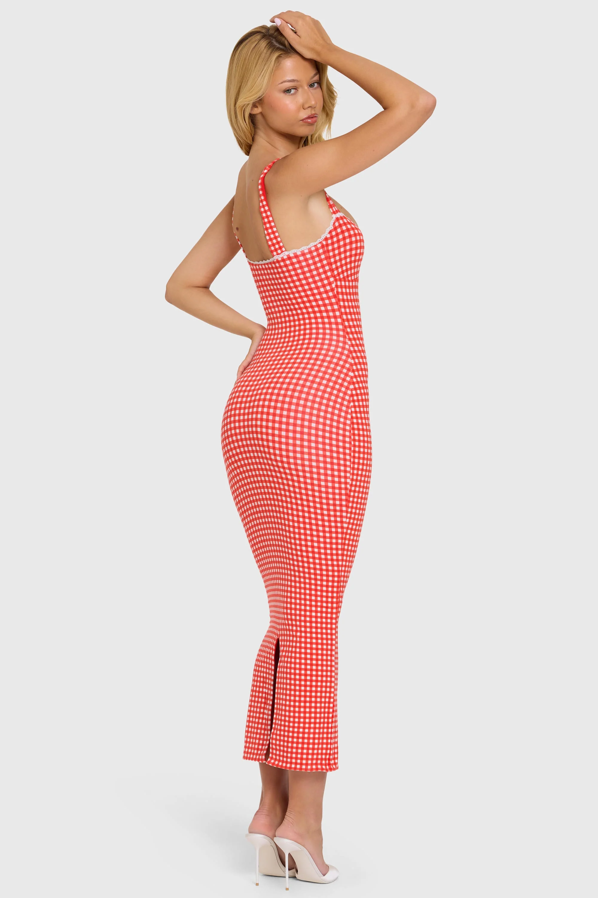 Modal Lace-Trim Midaxi Dress in Red Gingham - Image 2