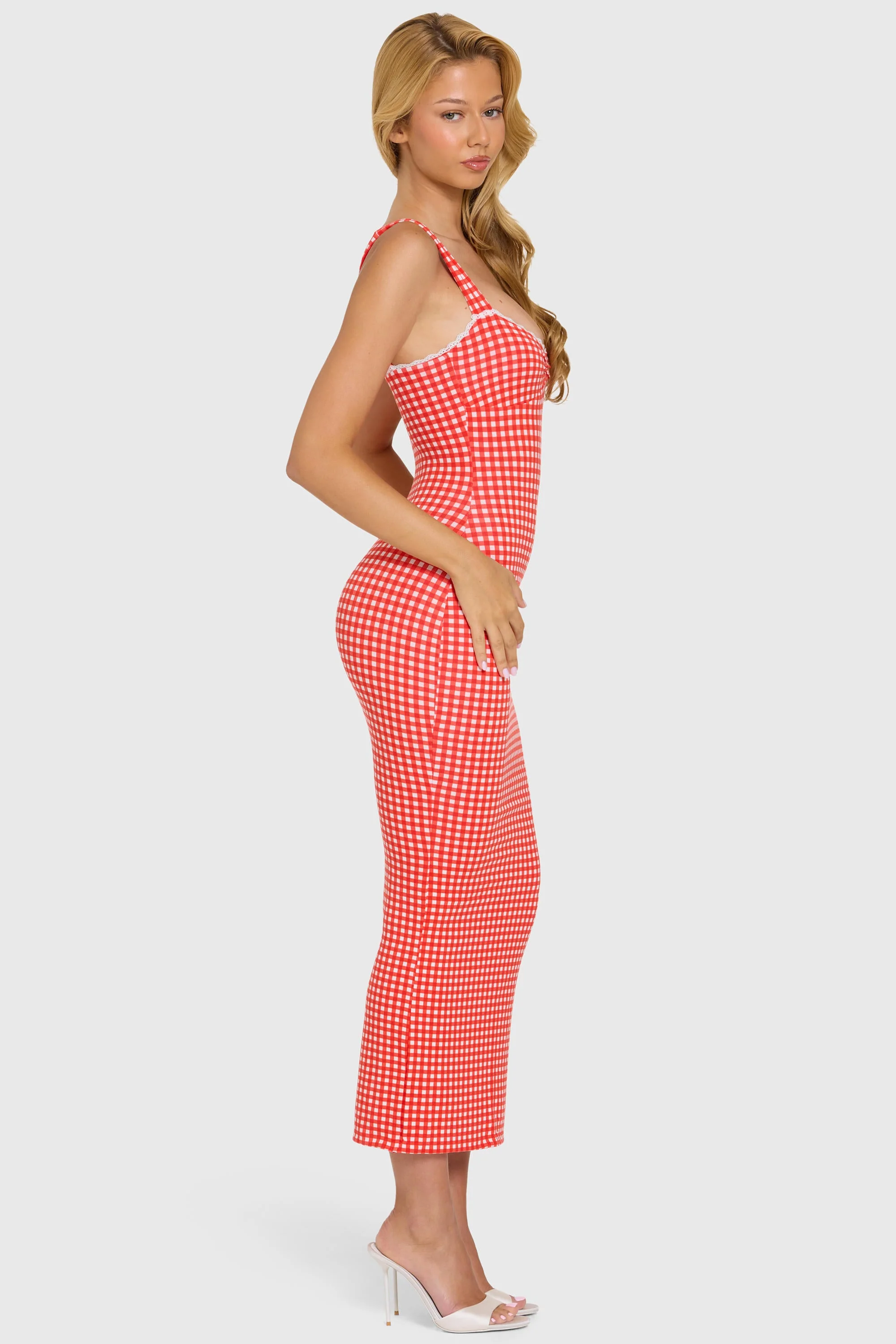 Modal Lace-Trim Midaxi Dress in Red Gingham - Image 3