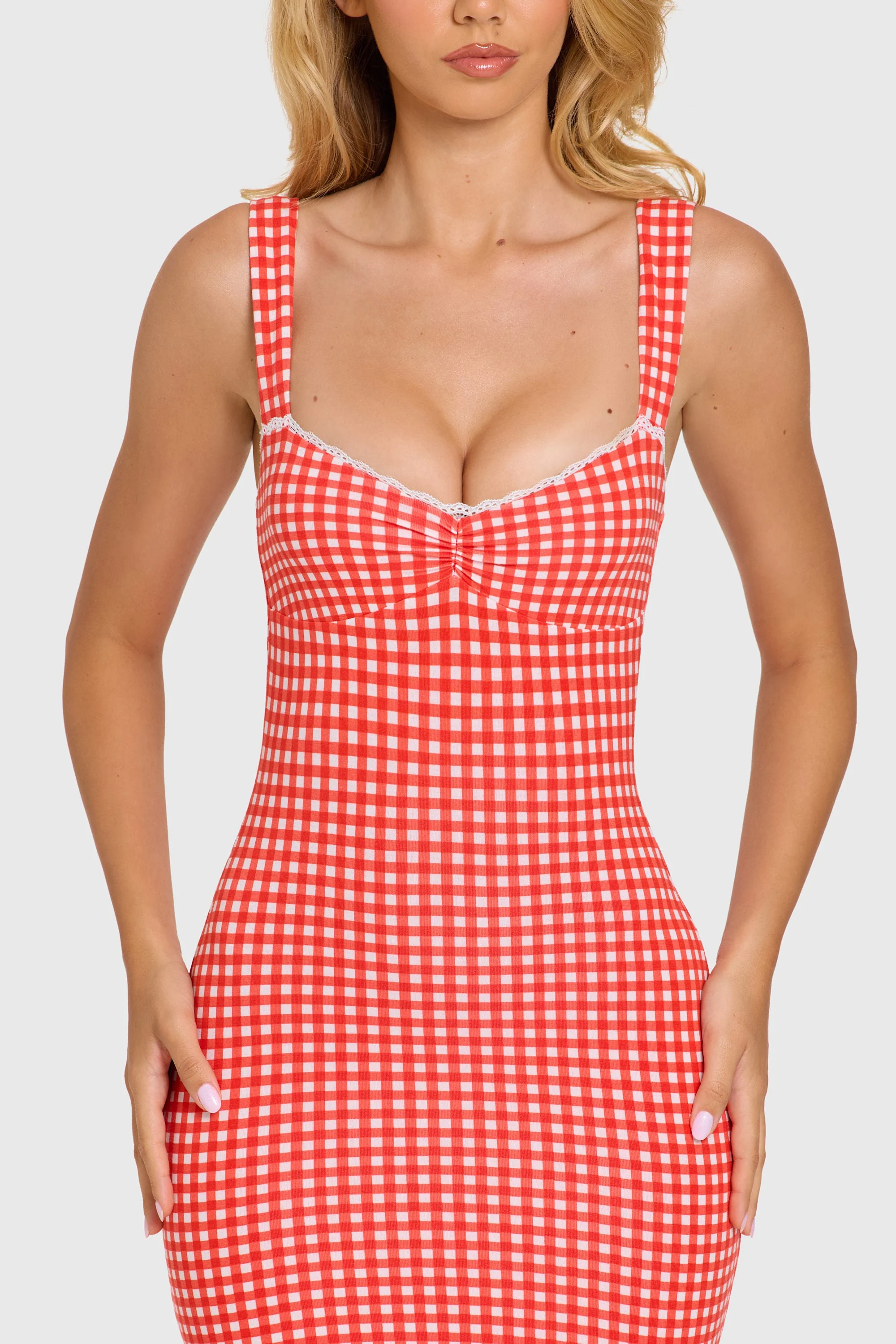 Modal Lace-Trim Midaxi Dress in Red Gingham - Image 4