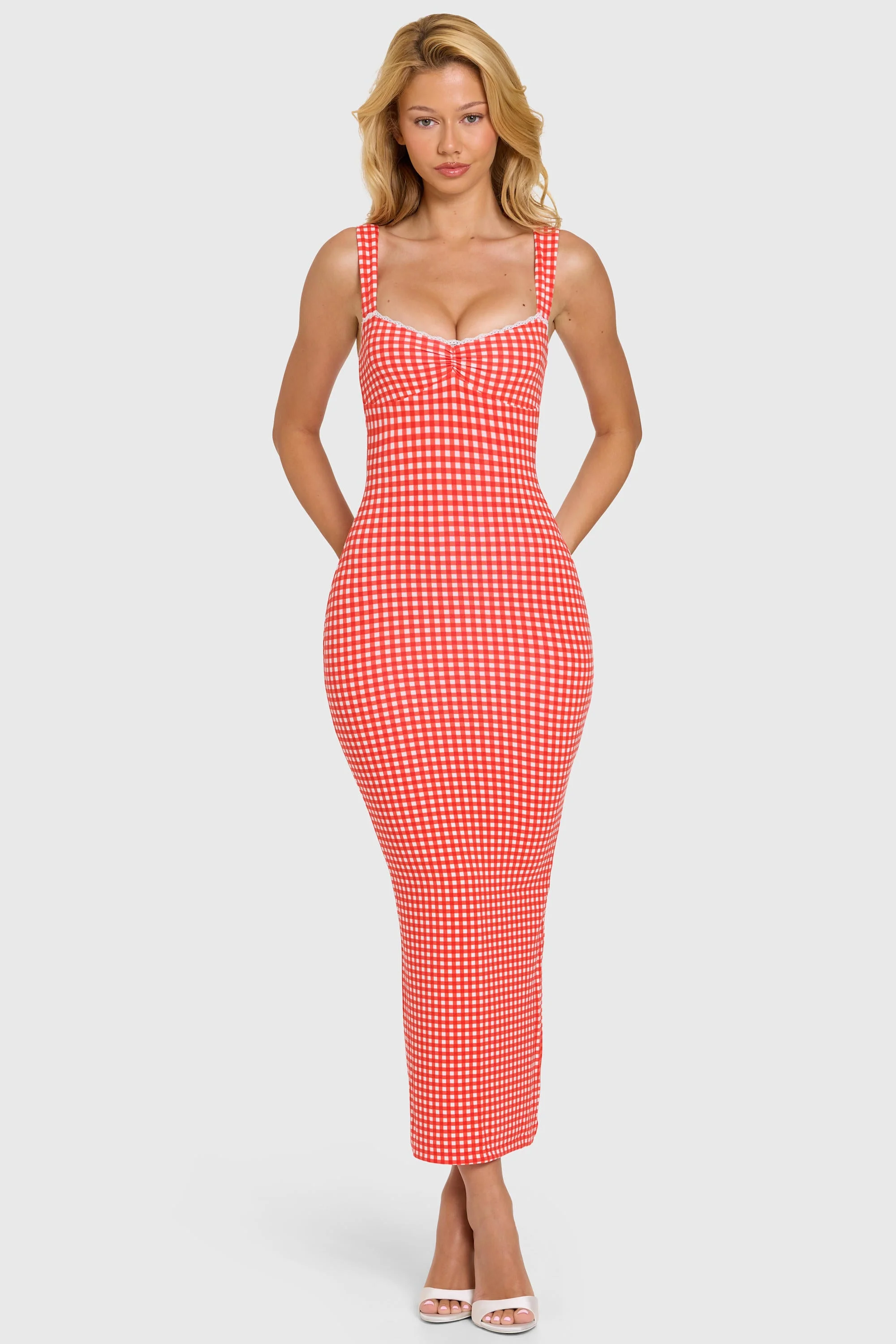 Modal Lace-Trim Midaxi Dress in Red Gingham - Image 5