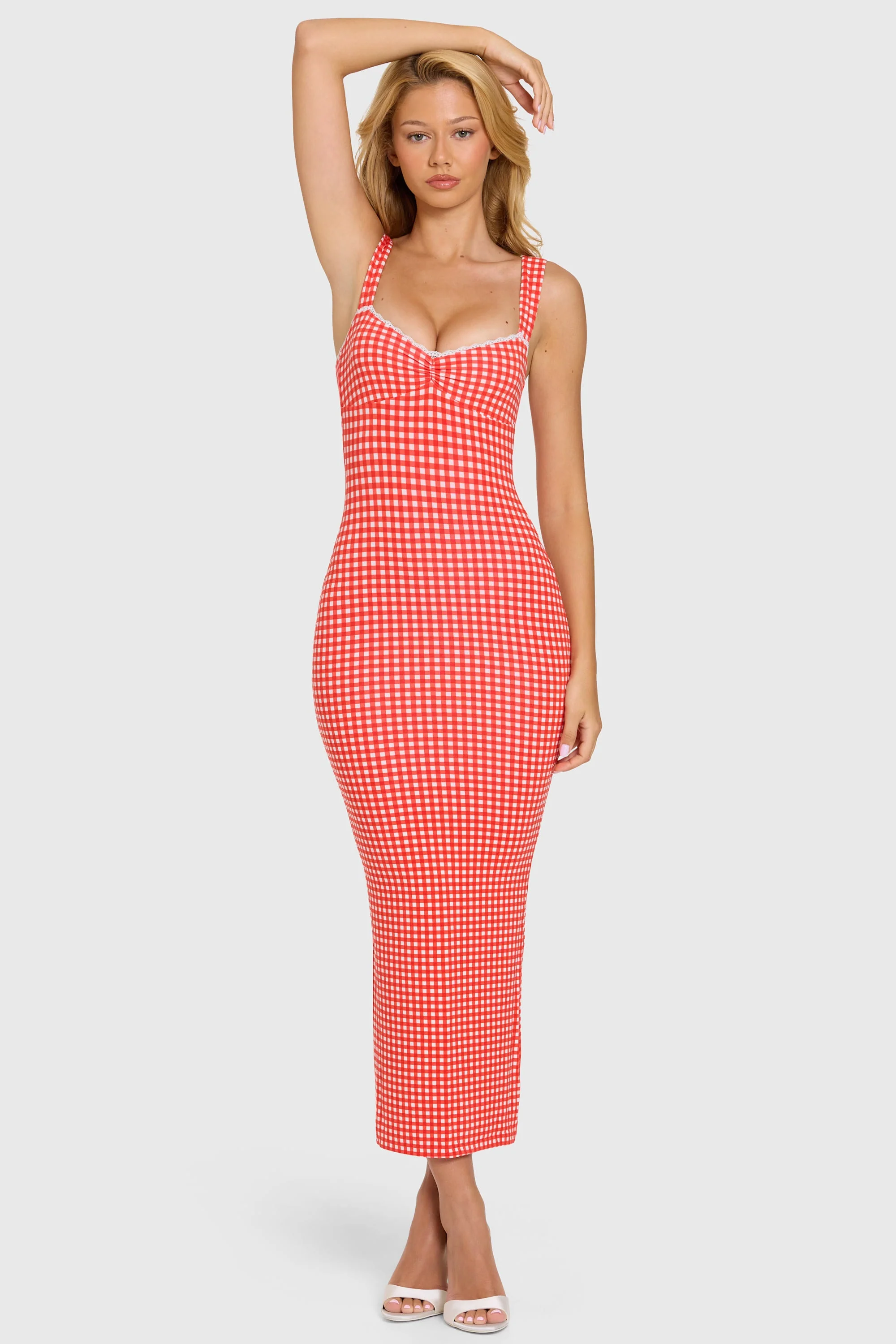 Modal Lace-Trim Midaxi Dress in Red Gingham - Image 6