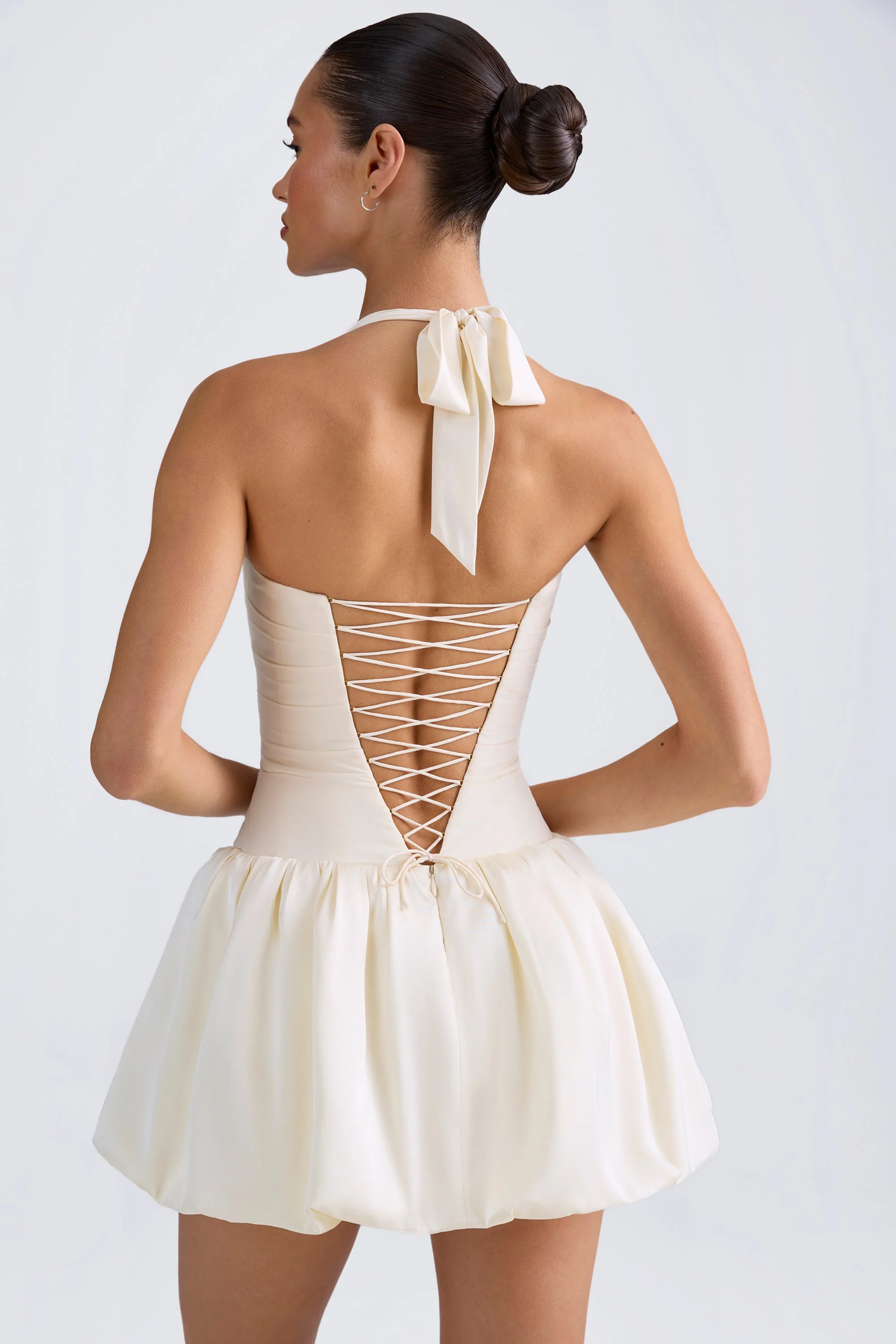 Halterneck Lace-Up Bubble Hem Corset Micro Mini Dress in Ivory - Image 2