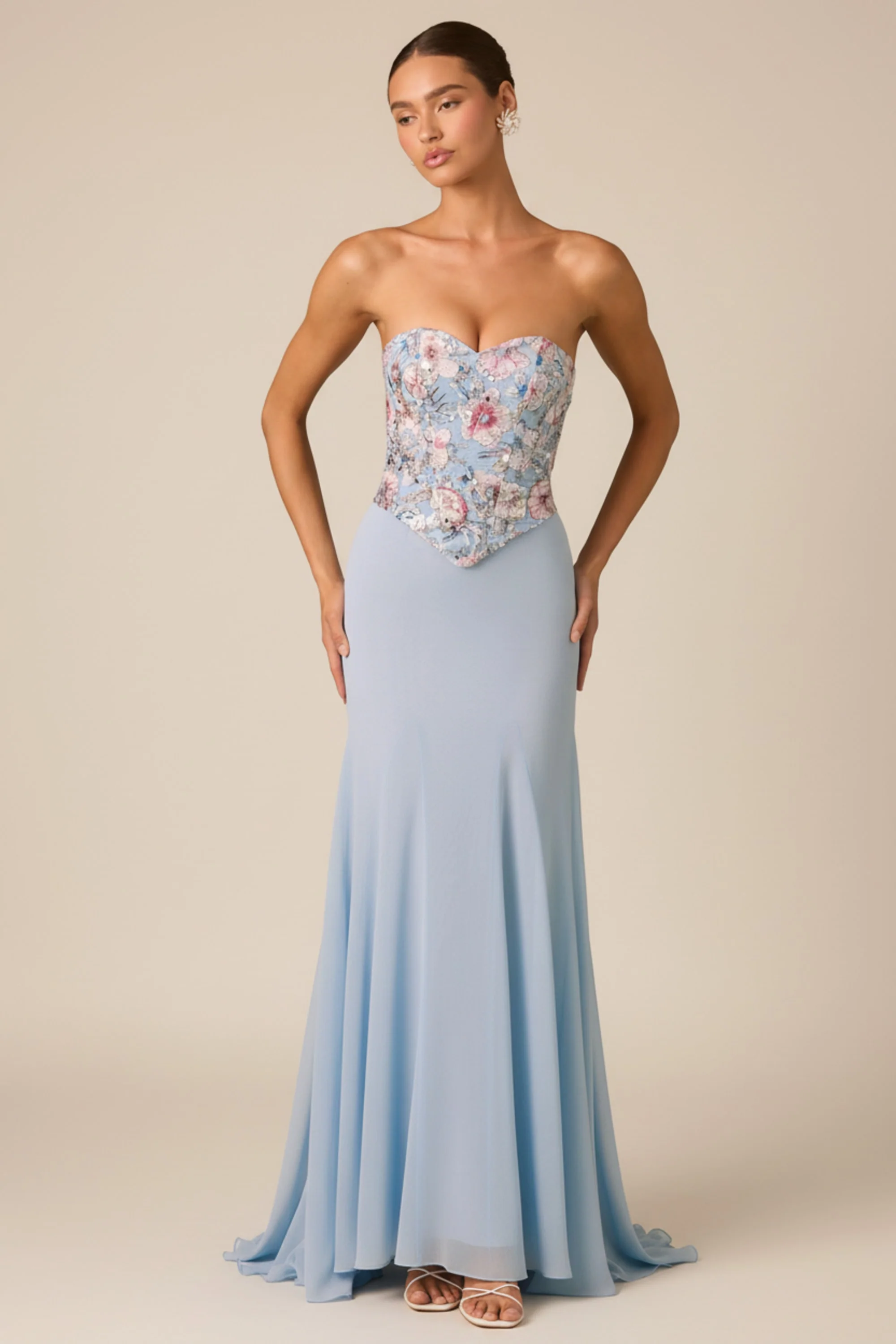 Embellished Corset Fishtail Gown in Floral Blue - Image 3