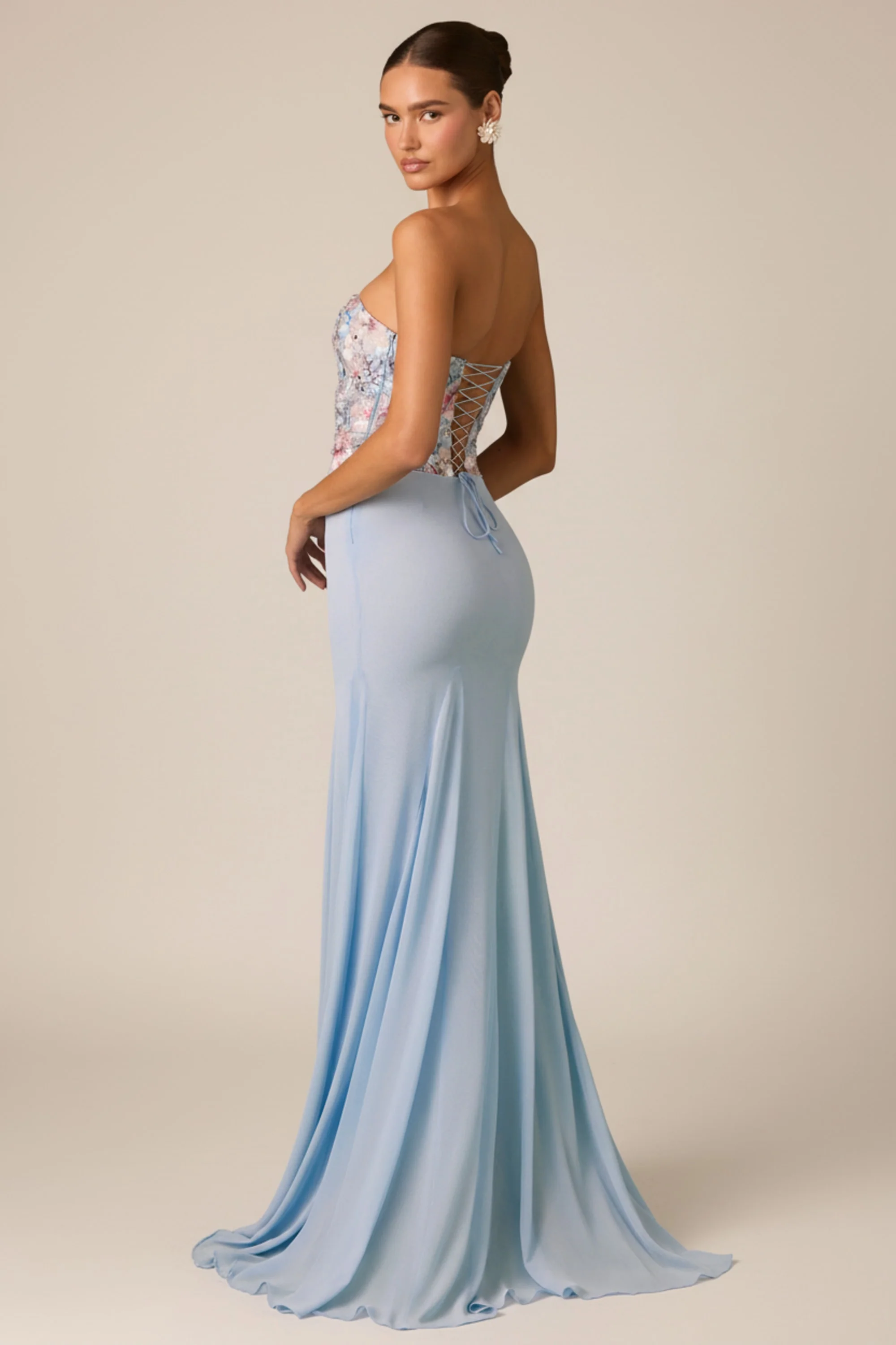 Embellished Corset Fishtail Gown in Floral Blue - Image 4