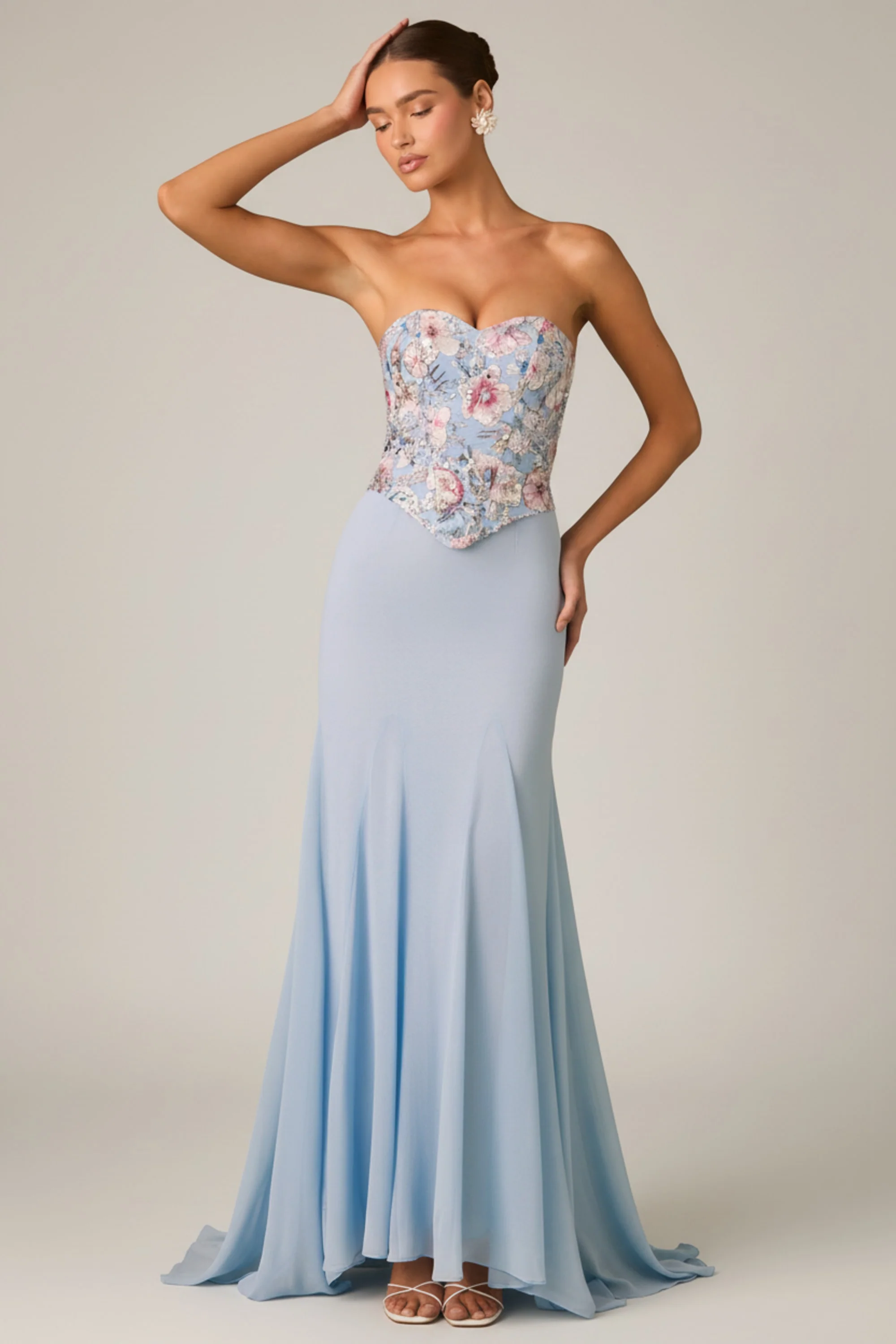 Embellished Corset Fishtail Gown in Floral Blue - Image 6