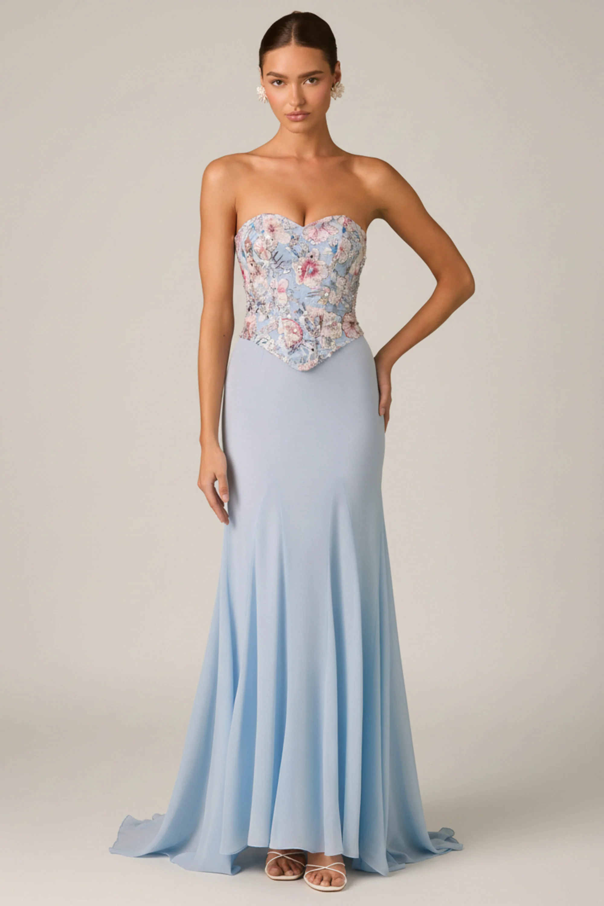 Embellished Corset Fishtail Gown in Floral Blue - Image 7