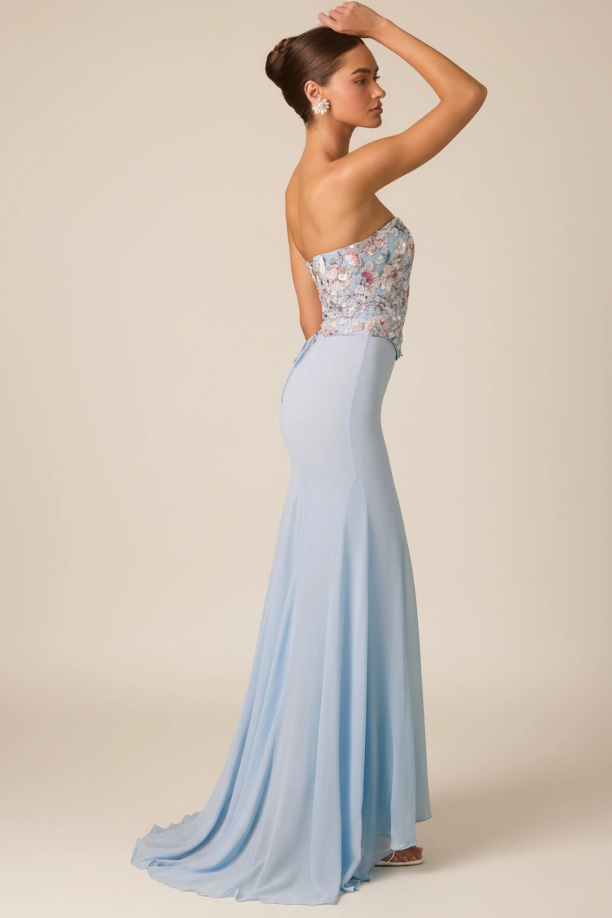 Embellished Corset Fishtail Gown in Floral Blue - Image 8