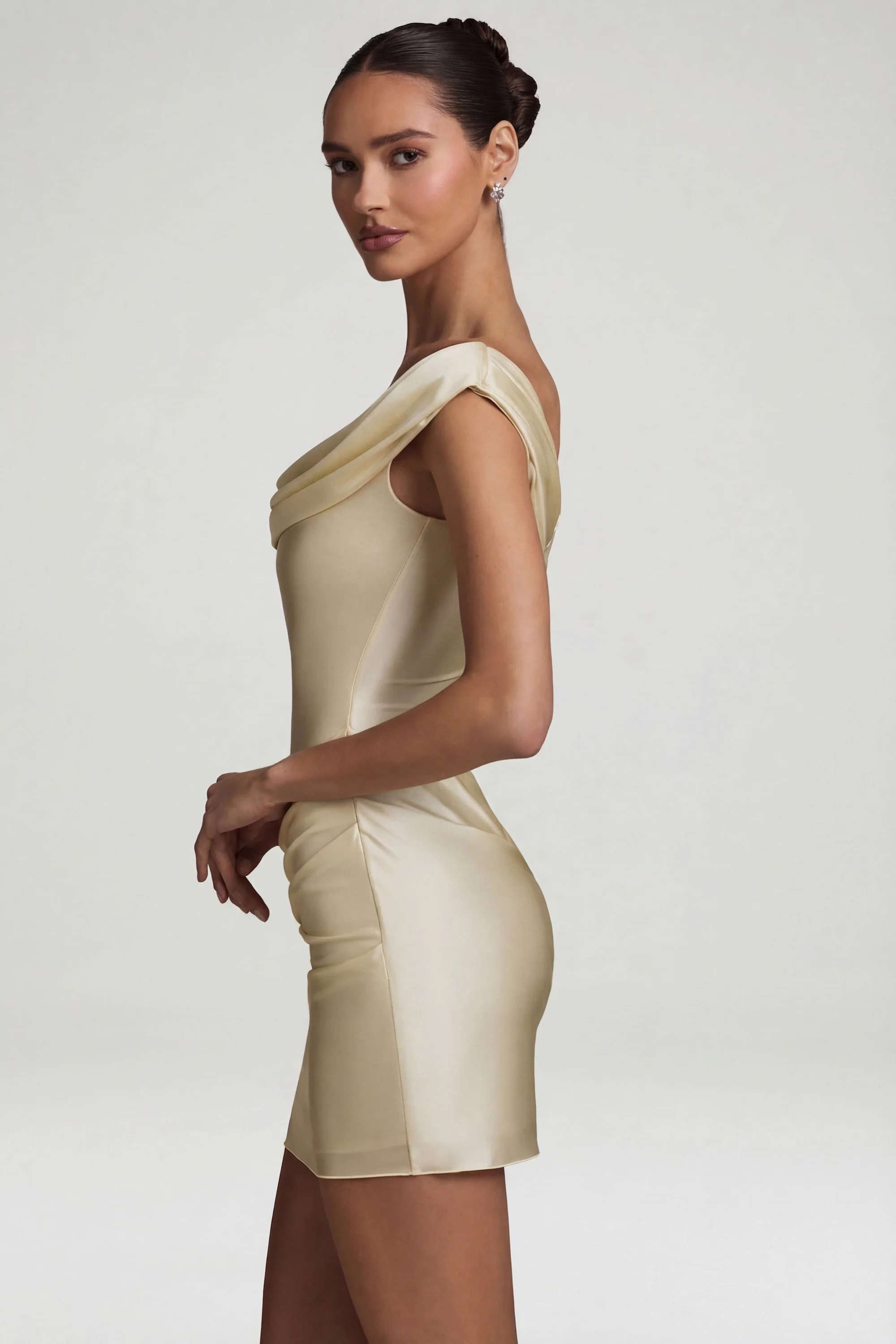 Satin Off-Shoulder Draped Mini Dress in Pearl - Image 3