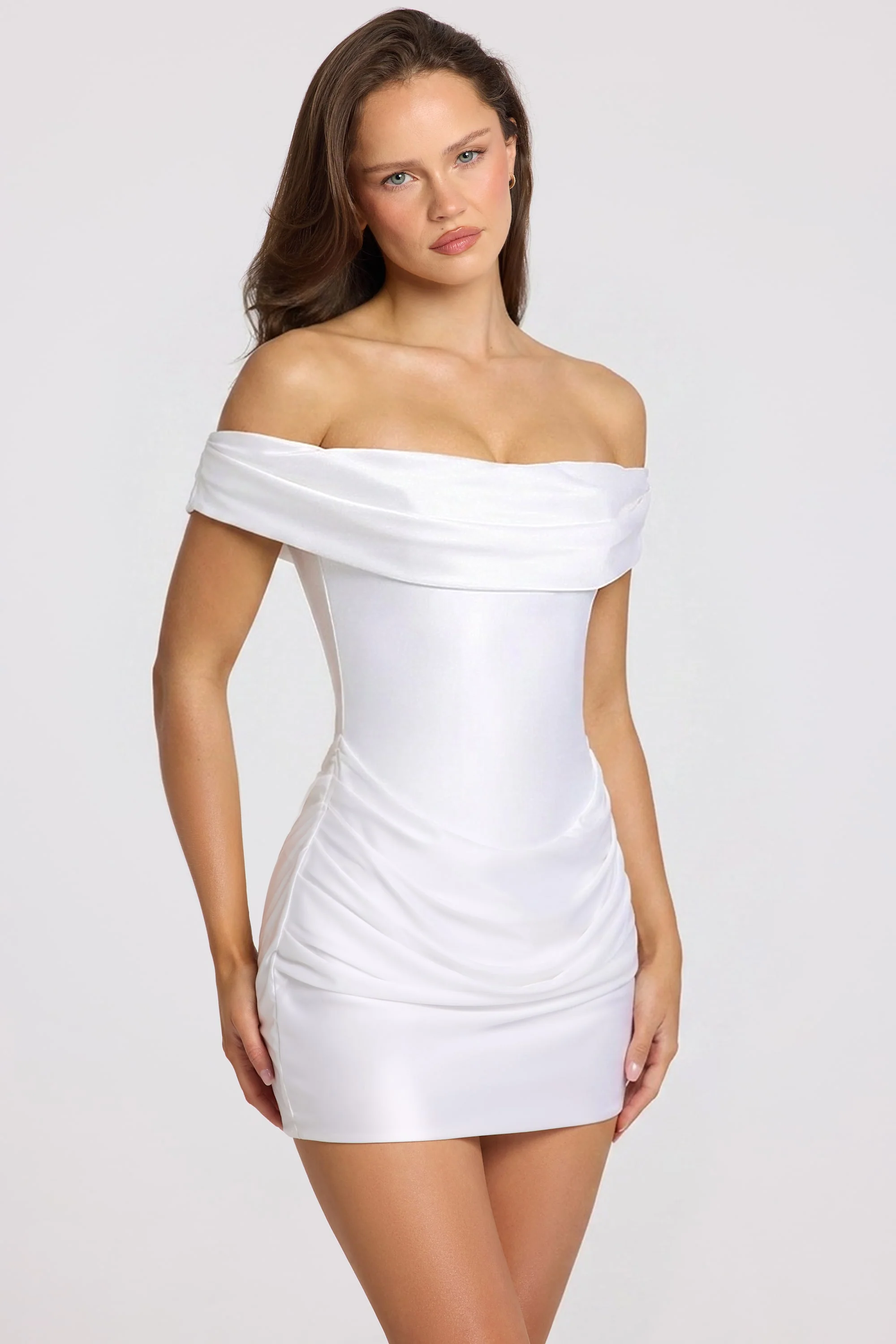 Satin Off-Shoulder Draped Mini Dress in White - Image 8