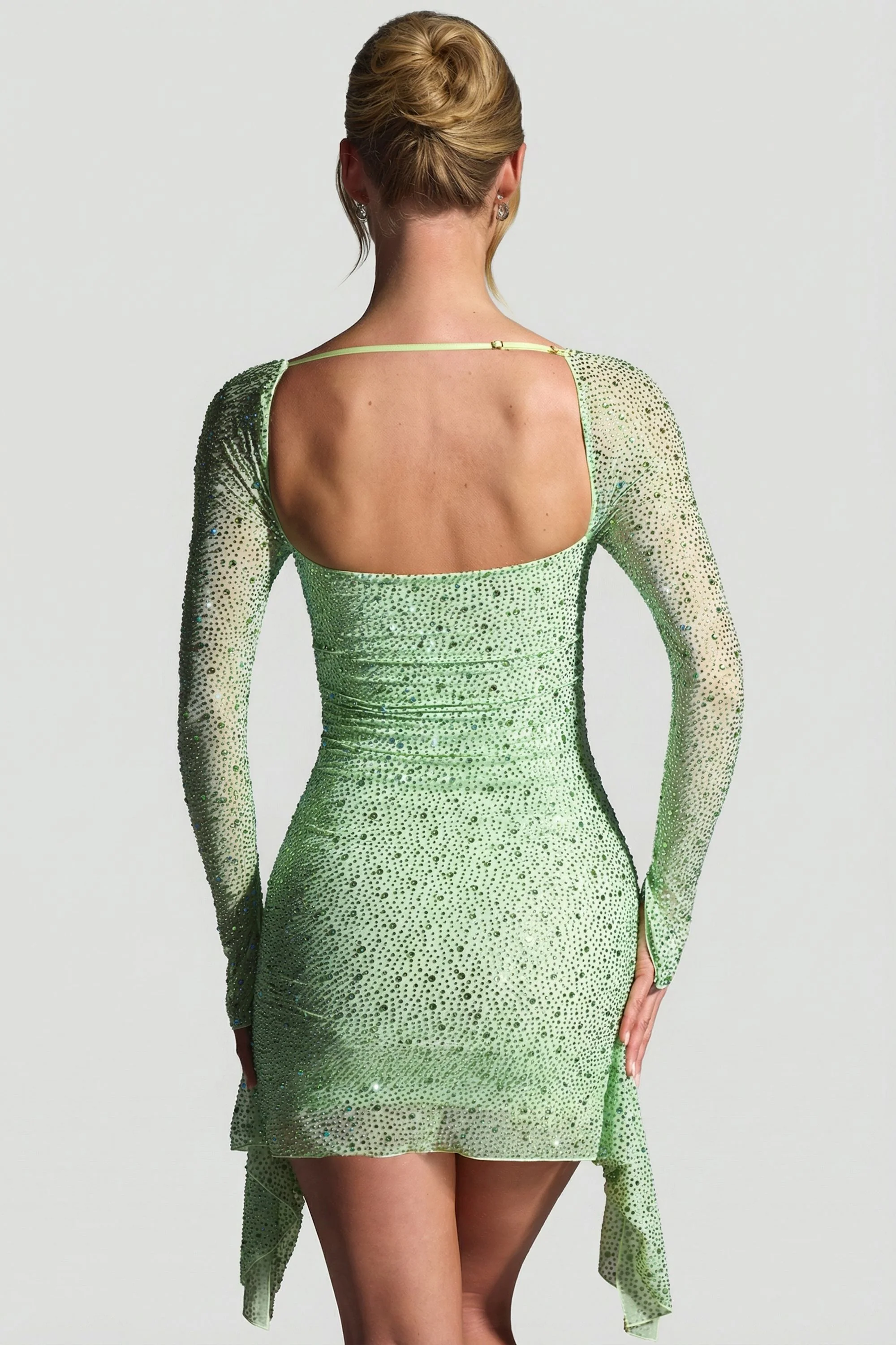 Embellished Draped Cowl-Neck Mini Dress in Pistachio - Image 4