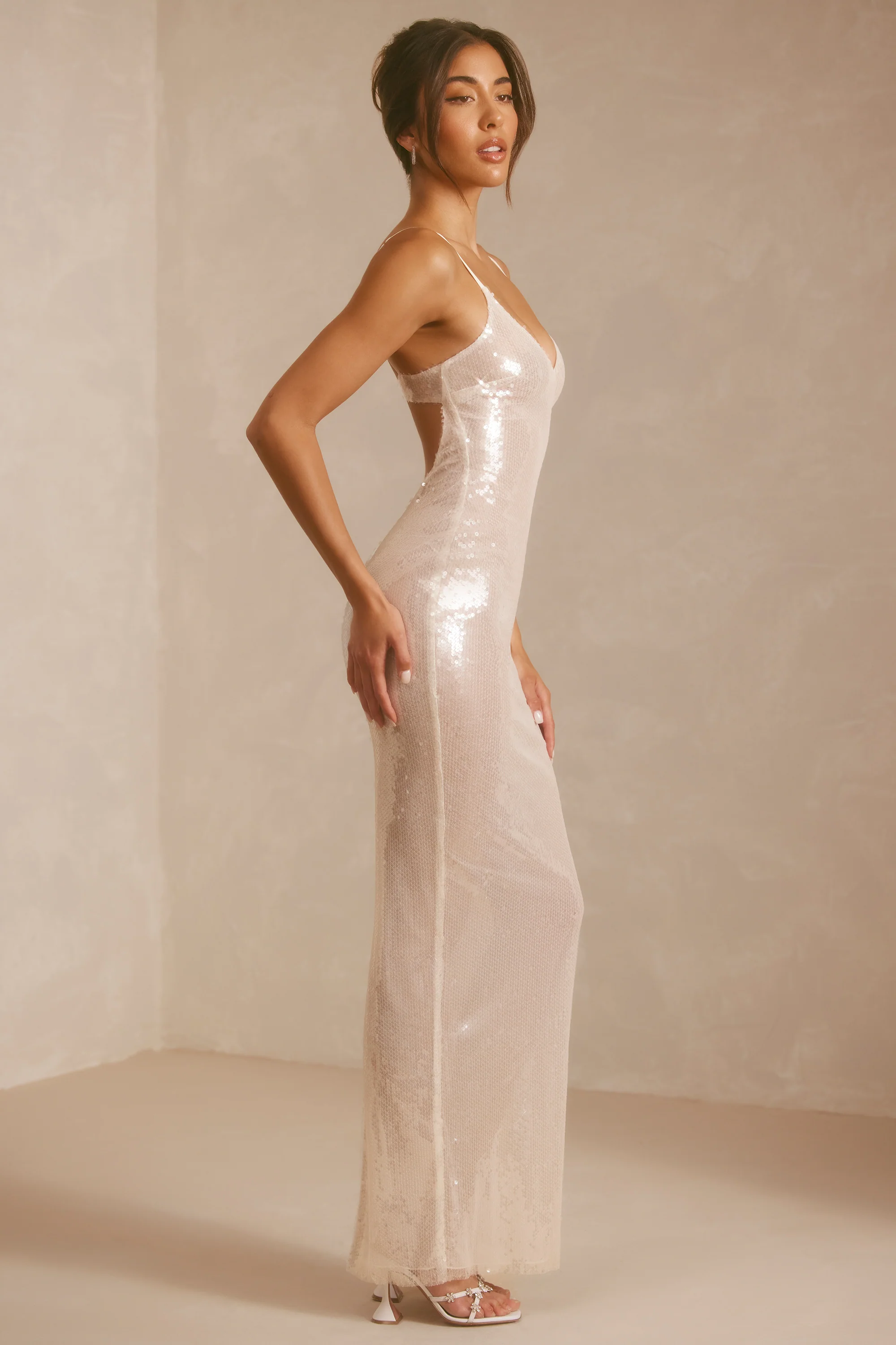 Sheer Sequin V-Neck Cut Out Back Evening Gown in White - Image 13