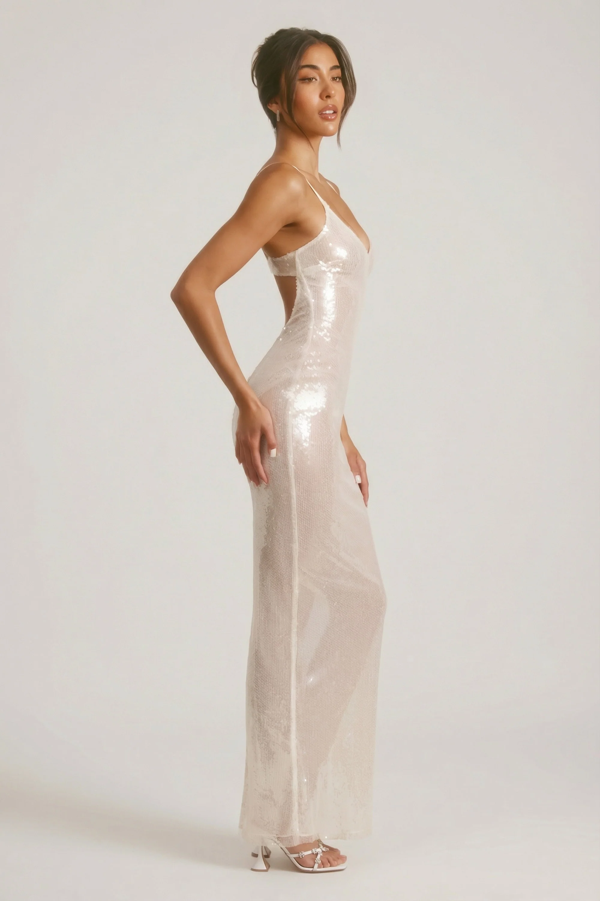 Sheer Sequin V-Neck Cut Out Back Evening Gown in White - Image 7
