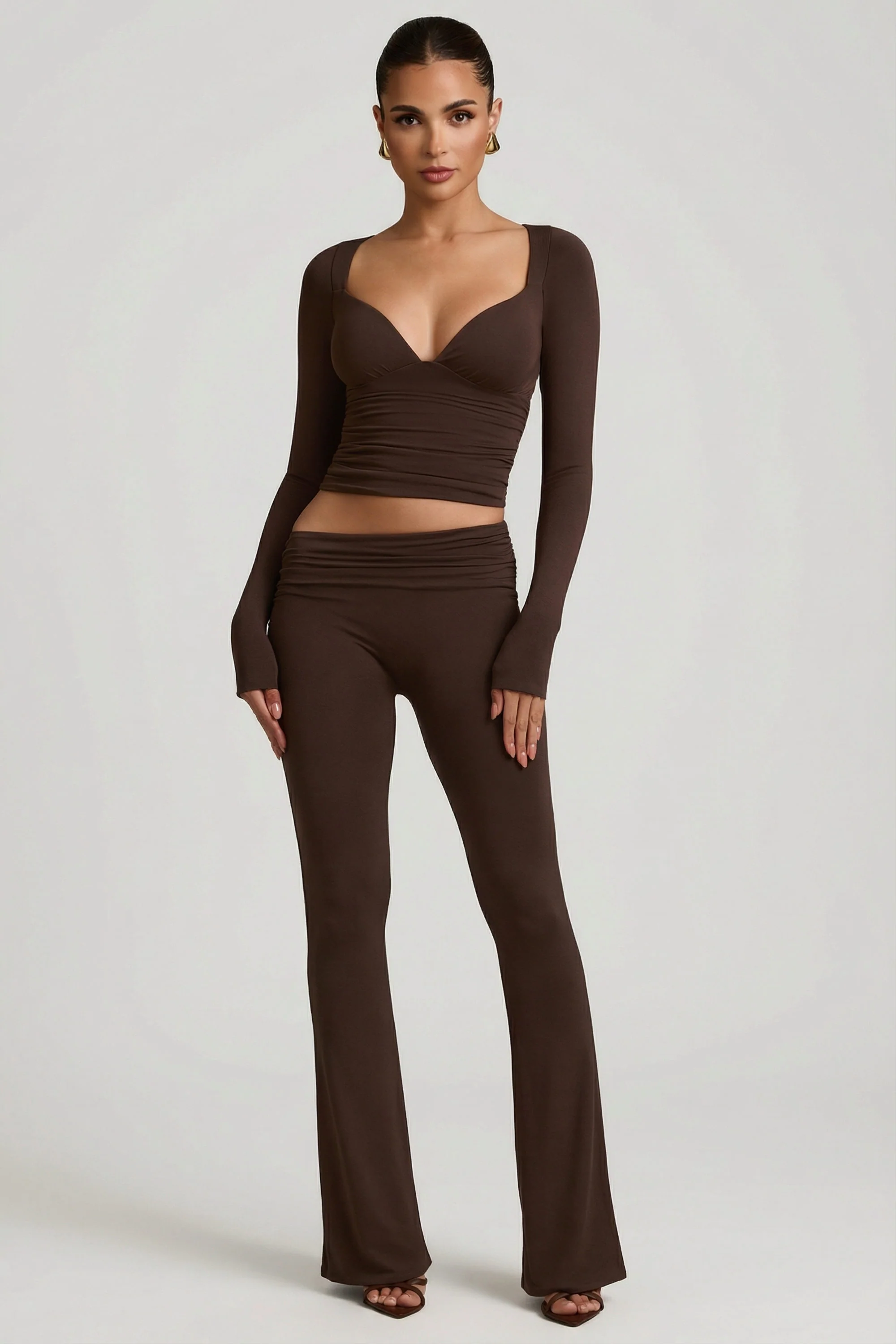Modal Ruched Long-Sleeve Top in Chocolate Brown - Image 3