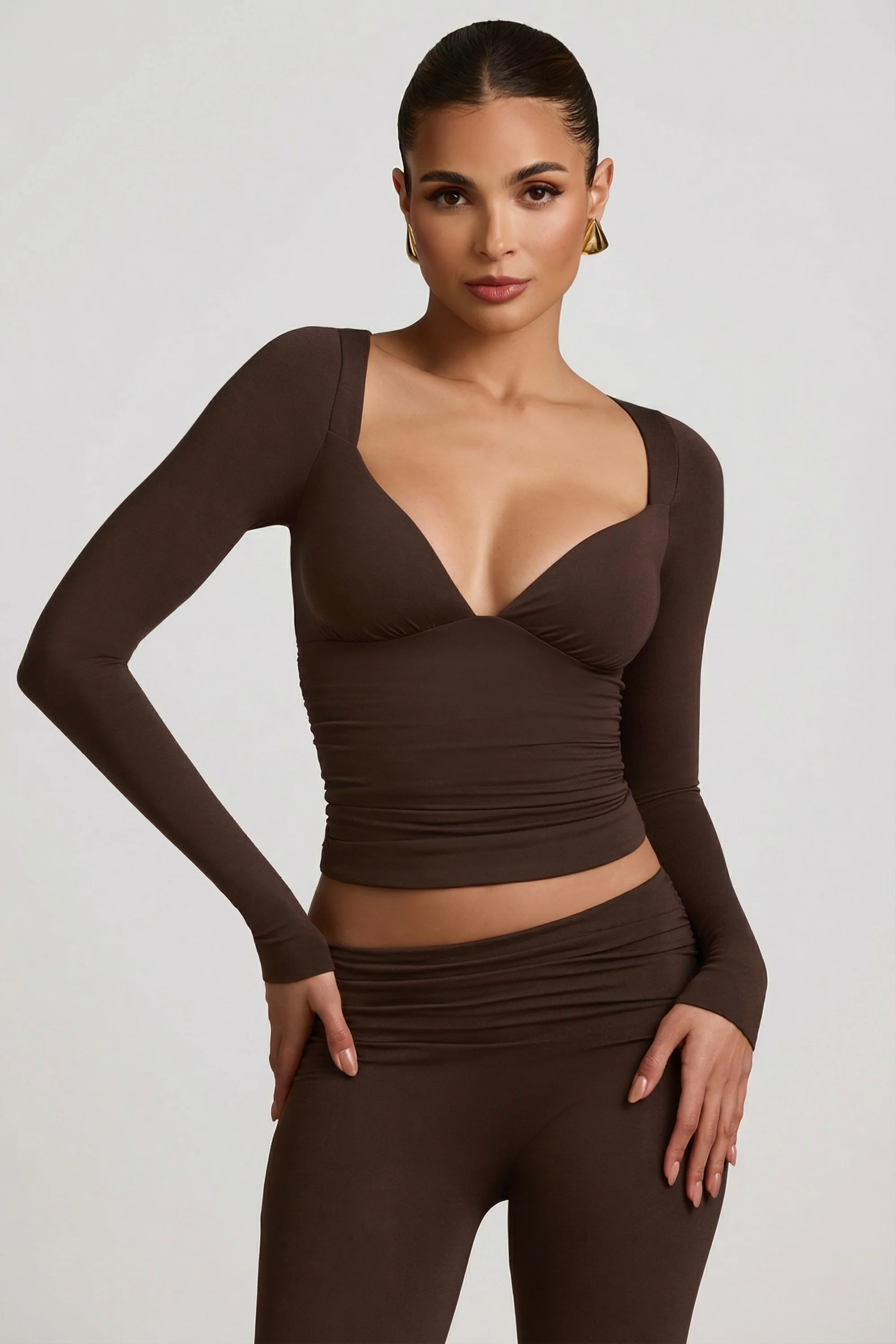 Modal Ruched Long-Sleeve Top in Chocolate Brown - Image 5