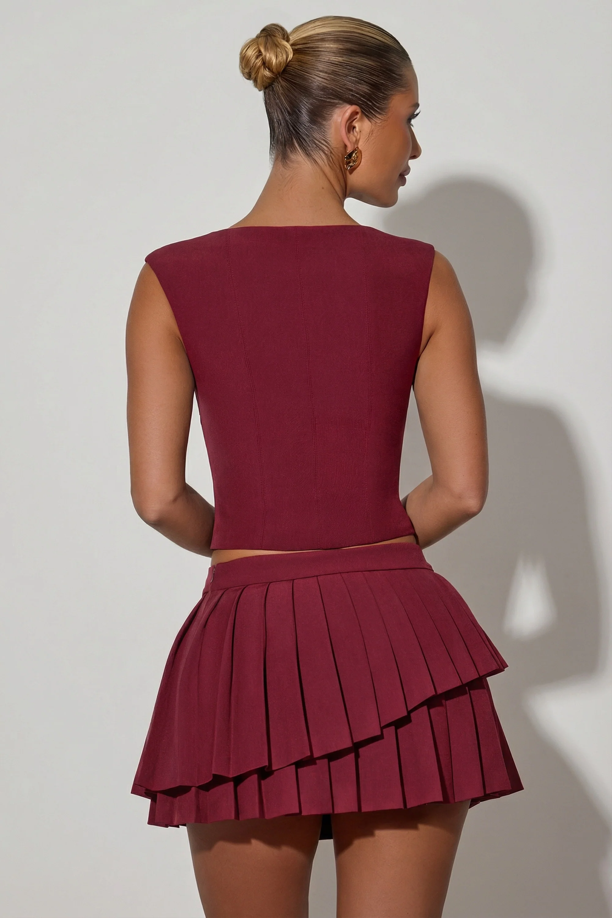 Layered Pleated Low-Rise Mini Skirt in Wine Red - Image 2