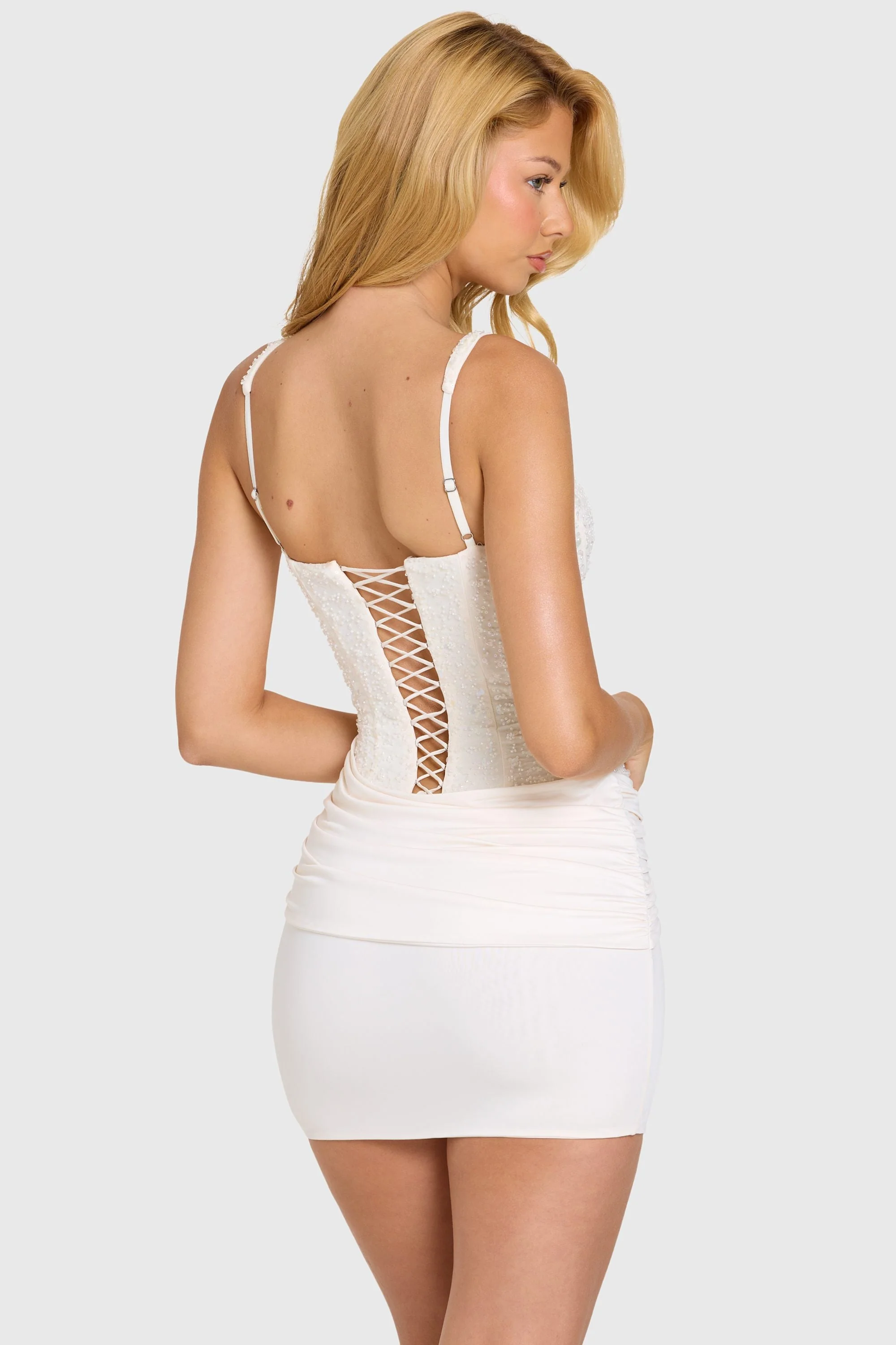 Embellished Corset Mini Dress in Ivory - Image 2