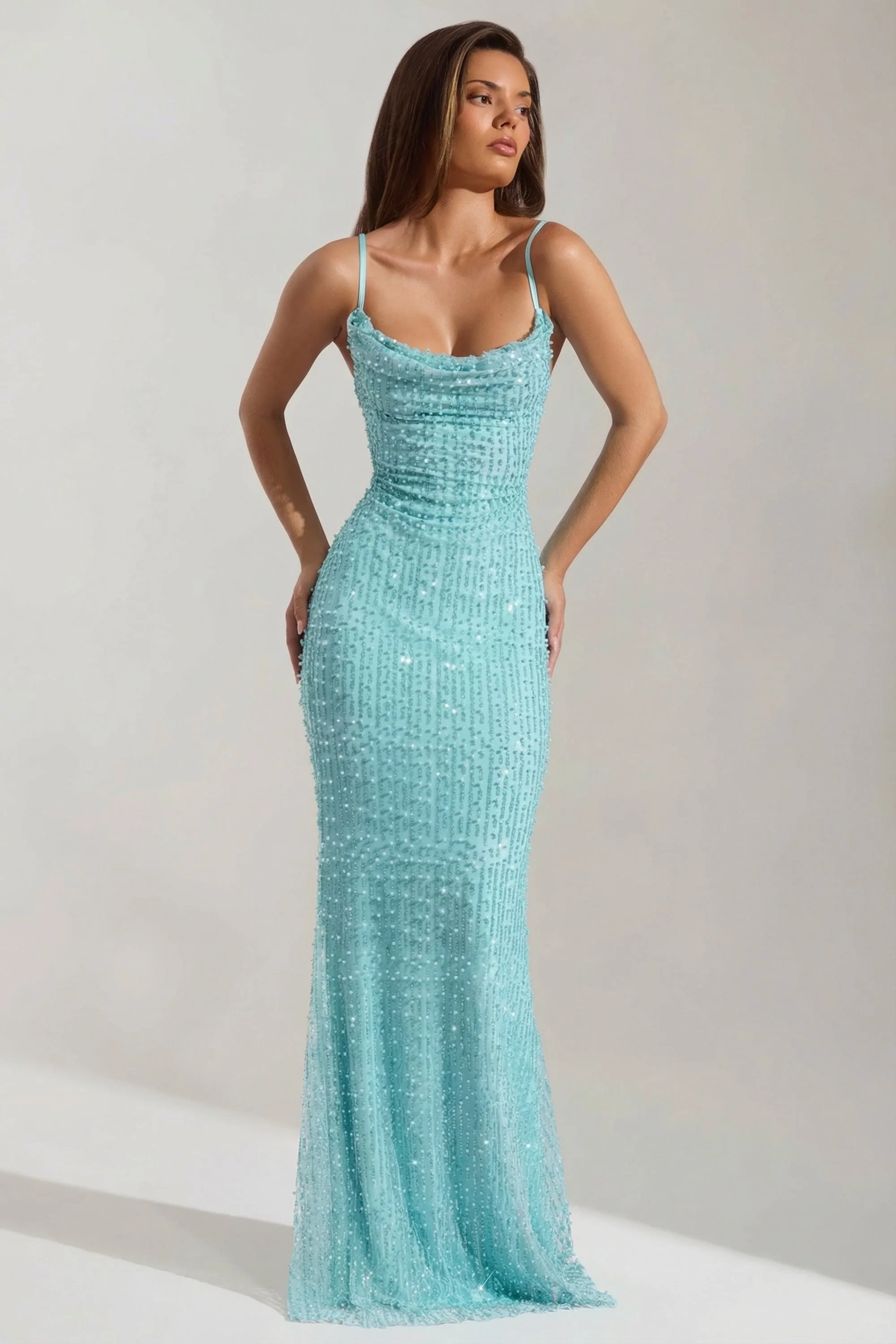 Embellished Cowl-Neck Backless Maxi Dress in Aqua Blue - Image 5
